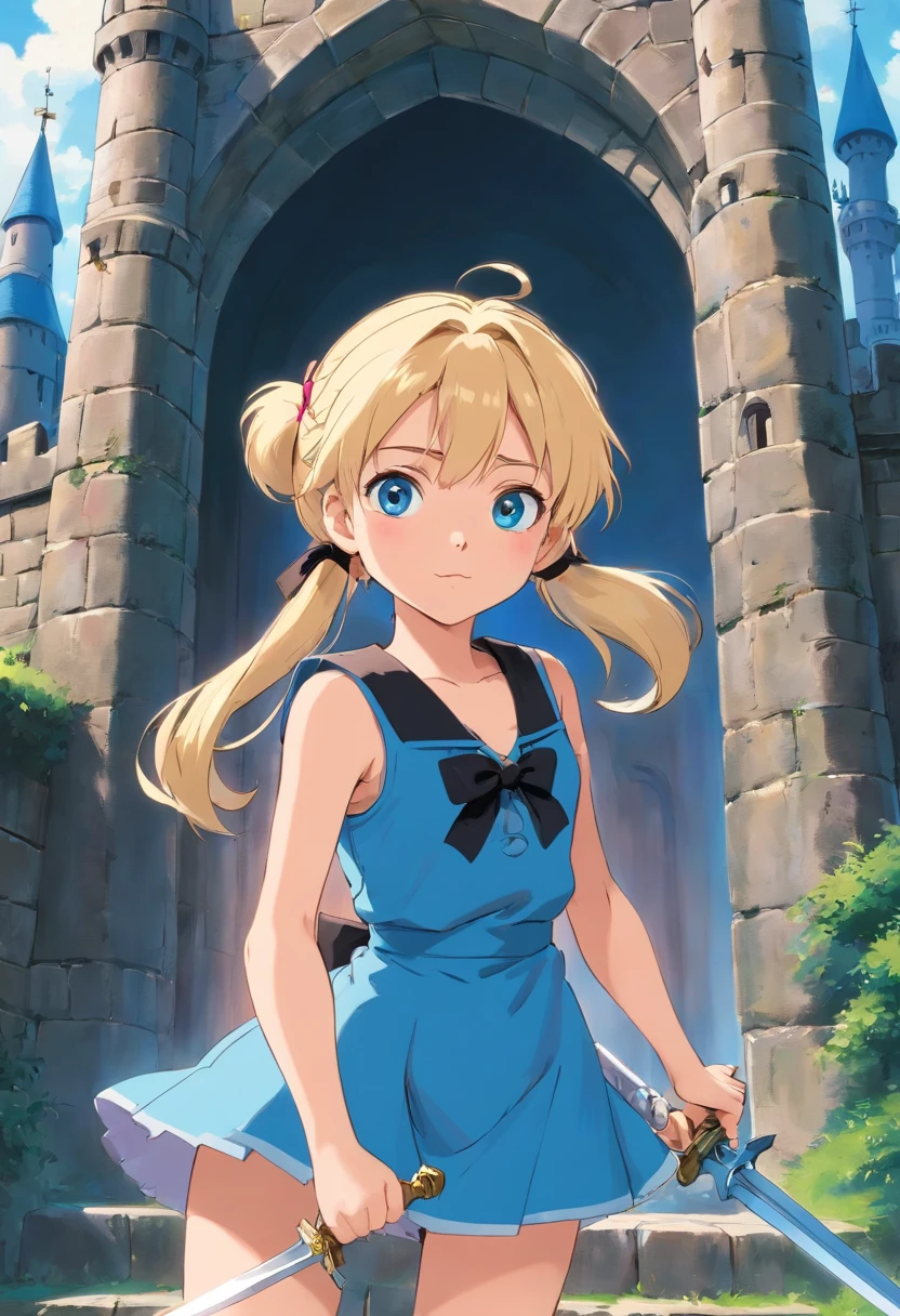 1 girl, blond hair, pigtails, black ribbon wrapping the pigtails, blue eyes, blue clothes, a long pink vest over top of the clothes, holding a buster sword, a castle, in front of the castle gate