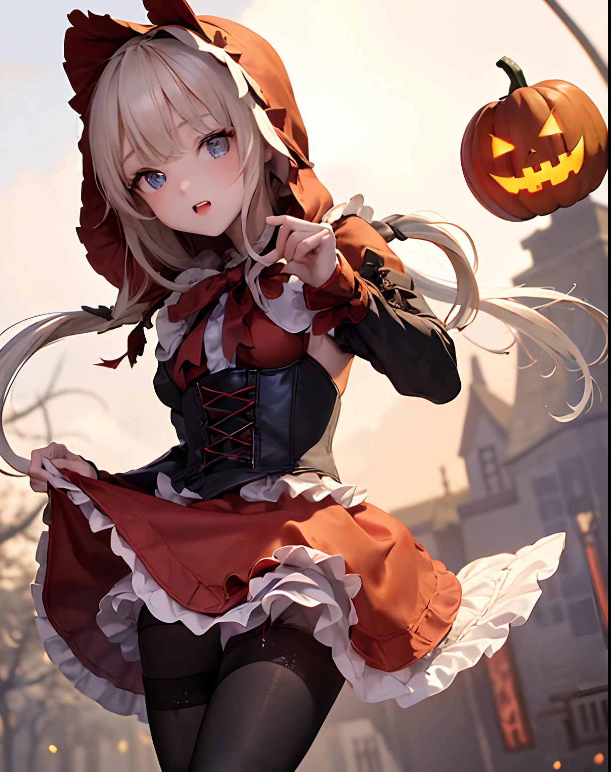 masterpiece、hiquality、1girl in、独奏、Marie Rose、cowboy shot、embarassed expression、(((Little Red Riding Hood's clothes)))、((White blouses))、((pantyhose))、(long boots)、natta、Pumpkin Lantern、((a miniskirt))、fullmoon、((corsets))、((Black panties))、Sit up