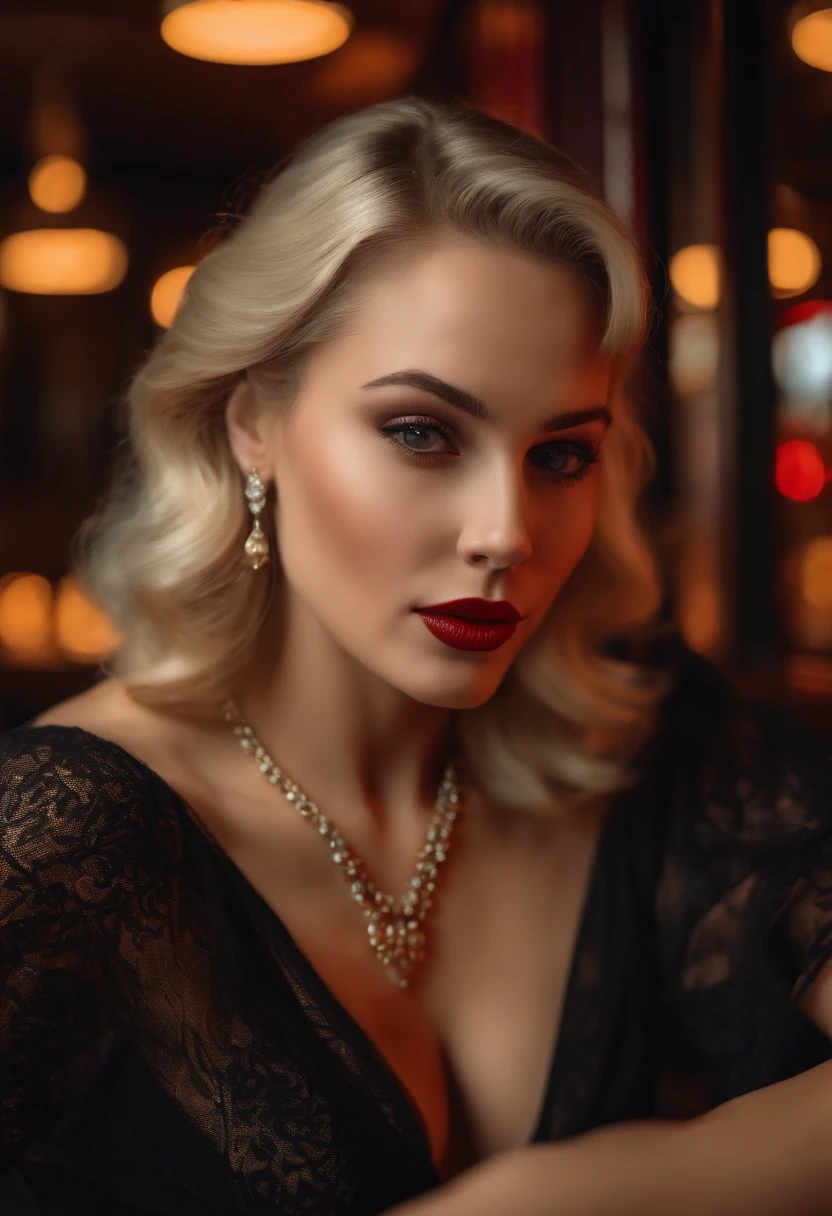 Femme blonde, 25 ans, Tenue courte, Realstic, assis dans un bar, Impatient, Realstic, 4K, Disque dur. Red lips and wearing only a necklace, Ultra detailded, photoreallistic, intagram, regarde le serveur, femme fatale, Detailed body, Detailed hands, 10 doigt, montre au poignet