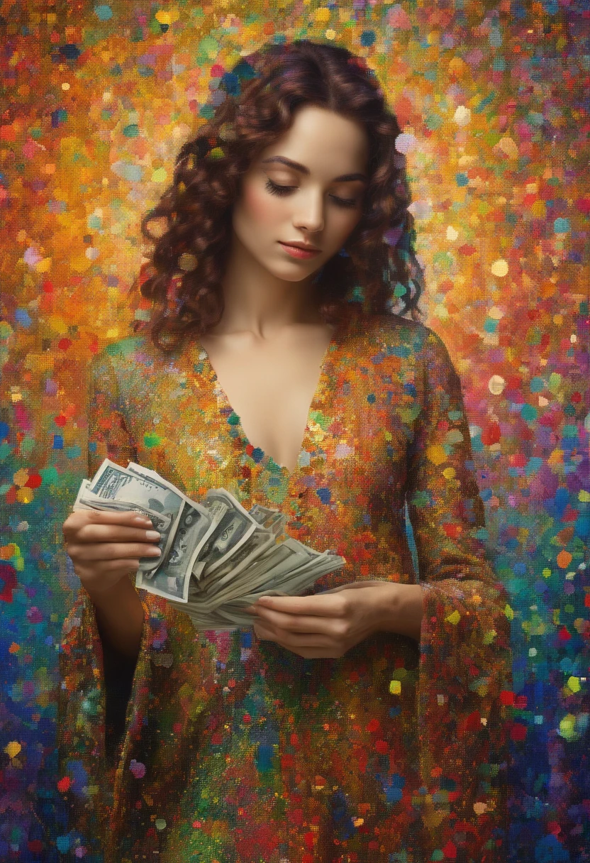 high resolution, Ultra-detailed dot painting technique: a beautiful woman holding money bills dressed in elegant and sensual clothes
