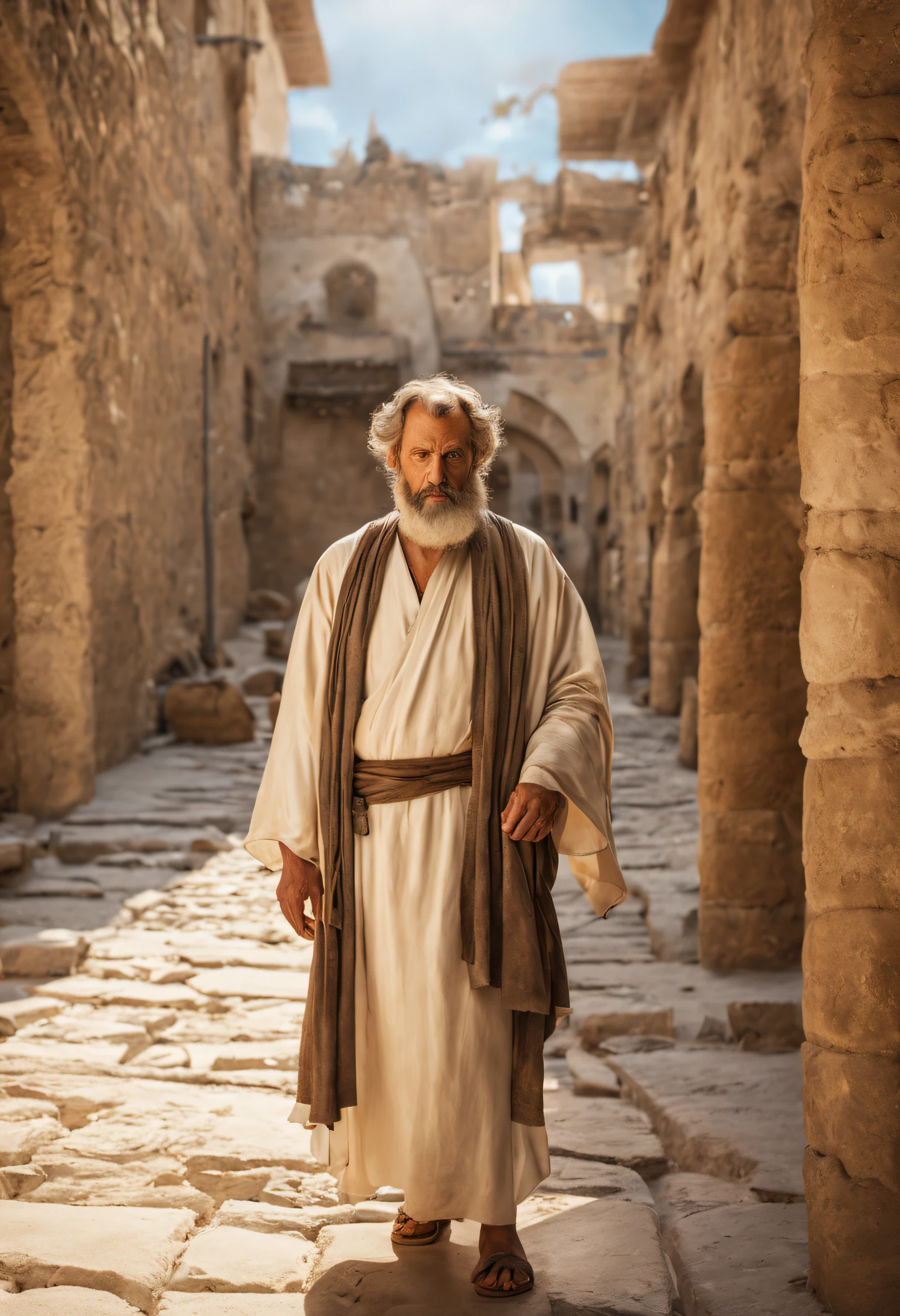 (best quality,4k,8k,alto,master part:1.2),ultra-detalhado,(Realistic,fotorrealista,photo-realistic:1.37),Apostle Peter in an ancient city,Homem com barba branca, olhando de frente,vestindo um longo manto,Smooth expression,olhando de frente para a tela TELA, surrounded by ancient Jerusalem architectures,luz solar suave,stone buildings with sculptures from the time of Jesus,Texturas intemperizadas,Ruas estreitas e sinuosas,Ground floor,Movimentadas barracas de mercado,sandal-clad feet standing on dusty roads, atmosphric perspective,,Ambiente tranquilo