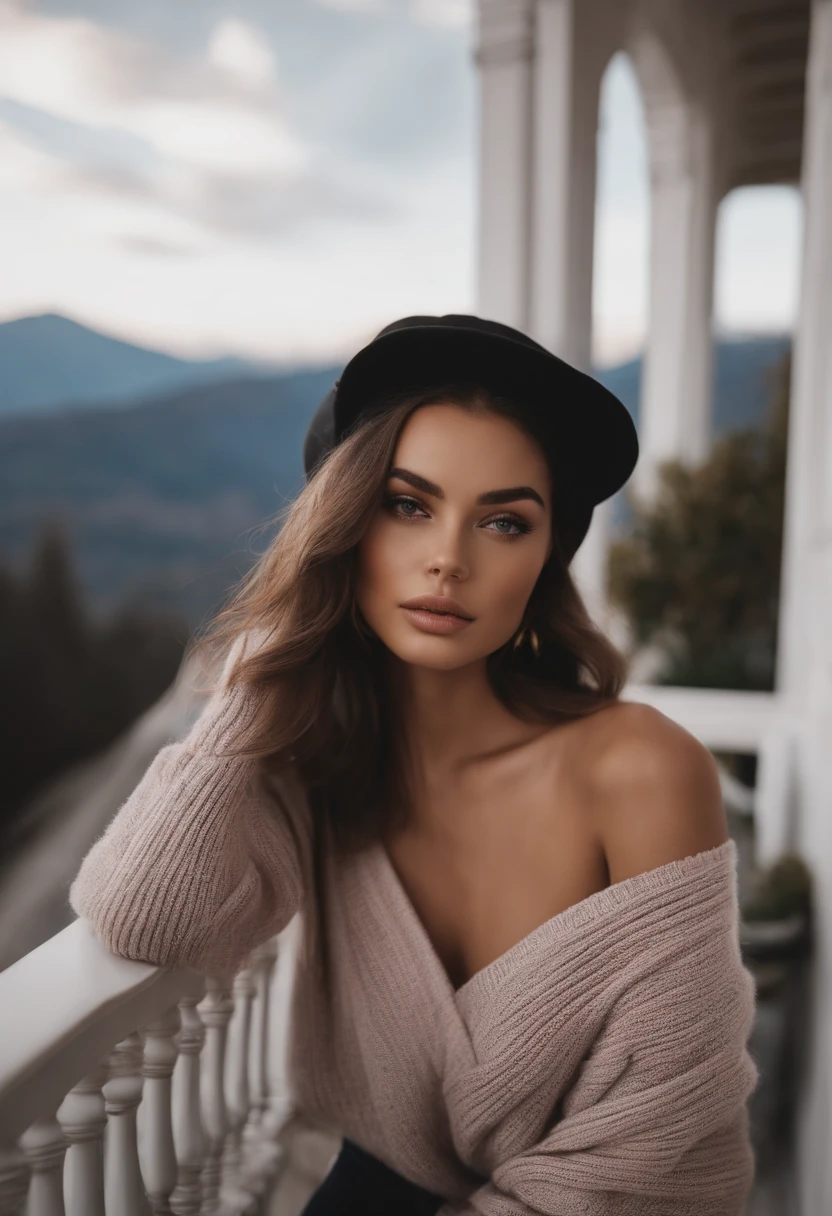 Arafed woman with black clothes in a sweater , fille sexy aux yeux bruns, Portrait Sophie Mudd, cheveux bruns et grands yeux, selfie of a young woman, Yeux de chambre, Violet Myers, sans maquillage, maquillage naturel, looking straight at camera, Visage avec Artgram, Maquillage subtil, Superbe photo du corps entier, on a balcony with mountains behind her, clivage, en casquette noire;