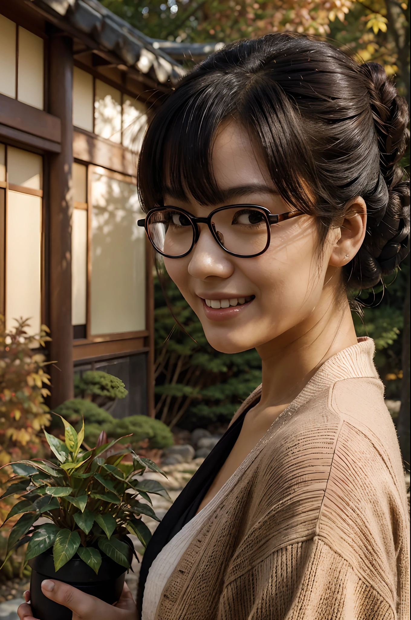 masterpiece, japanese woman carrying a potted plant, ((black hair in a messy updo)), blush, perfect illumination, autumn, fall season, bright red trees, late afternoon, forest, extremely detailed face, bangs, bright skin, big smile, portrait, cardigan, colorful, rimless glasses, depth of field, boulders, reddish, traditional japanese house