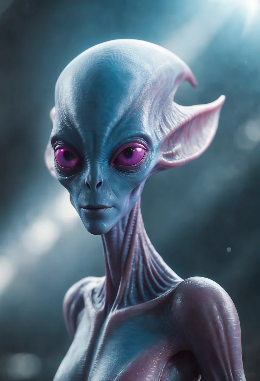 A blue alien with an elongated head of light, olho, nariz grande, pequeno, Slender body enter a starship wearing a realistic futuristic alien suit, a hyper-detailed alien, pink and purple and alien, alien looking, space alien Ete-Grey , Portrait of a large alien pupil Almond Exotic alien Pink Portrait of a humanoid alien, An alien, alien portrait, Hybrid alien Long-headed affectionate alien, futuristic alien features. ( Detalhes borrados do navio futurista)