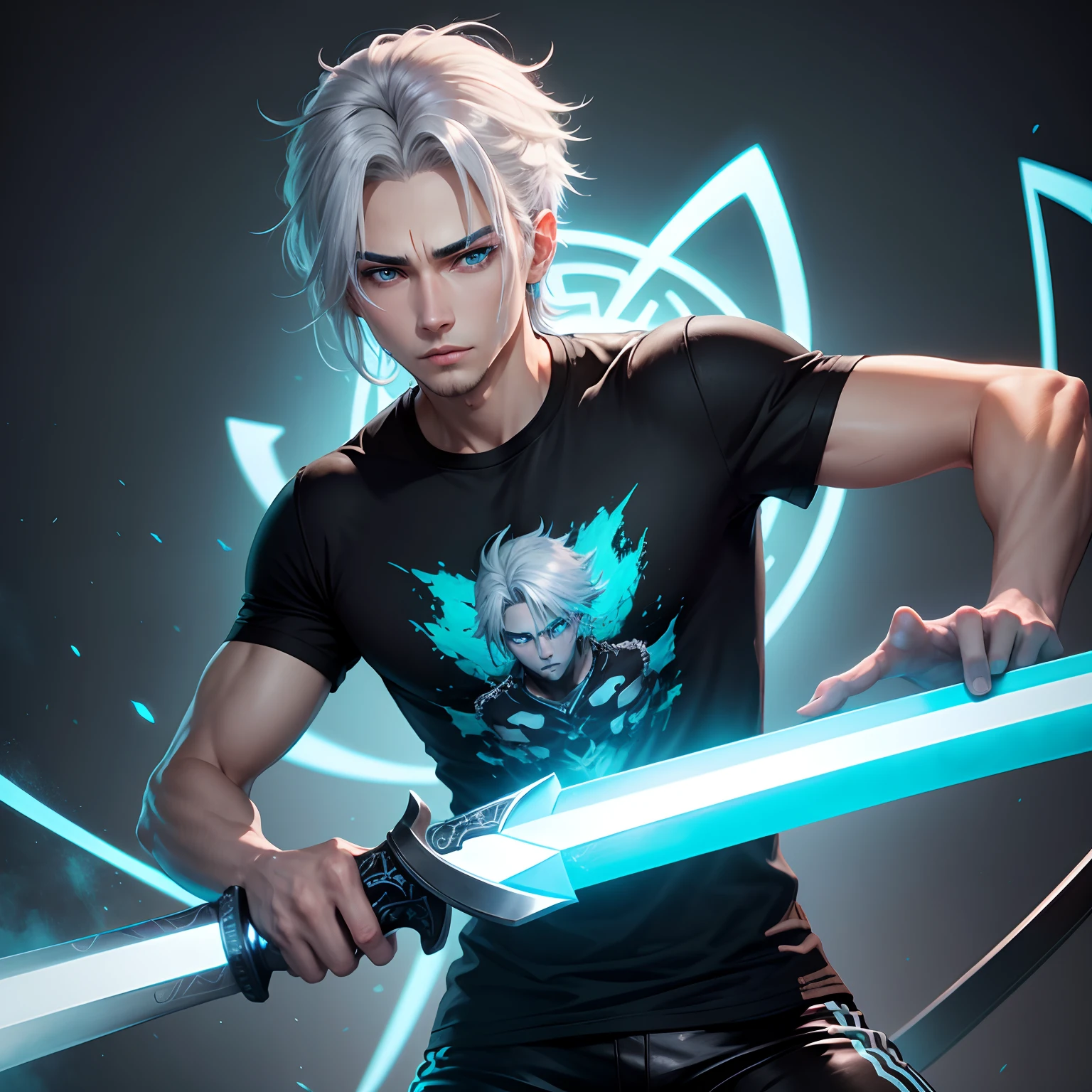 Handsome gamer man, silver hair, mesmerizing eyes, cyan tee shirt, black pants, sword slim