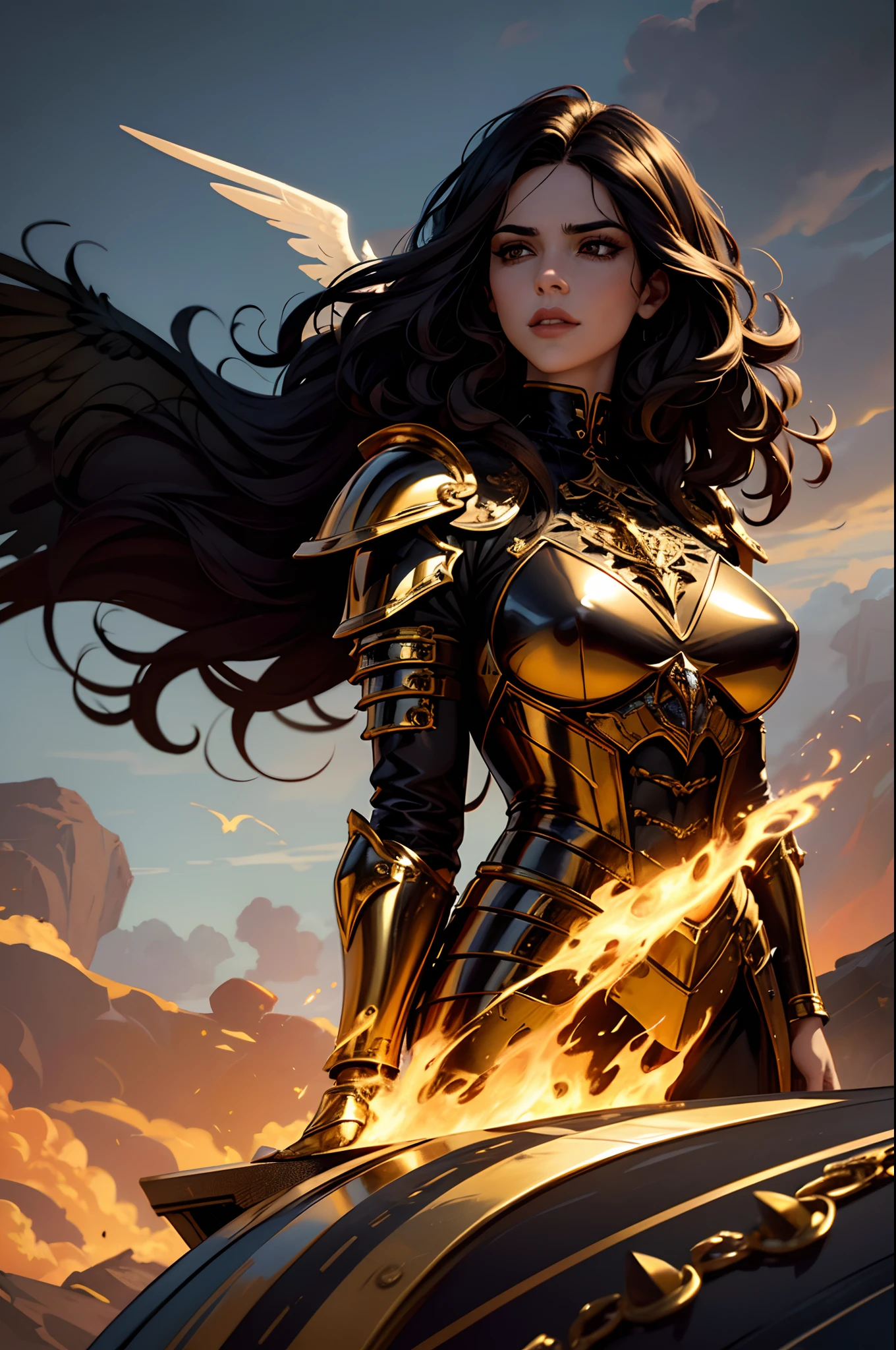 big-haired demon character with golden and white wings, lips in black color, Gothic armor in gasoline color, Novo, Linda, impressionante, bem detalhada, Magnificent, 8k, Angelic Art, sky with clouds, dramatic scene, cabelo alaranjado longo, armadura, manto de cavaleira