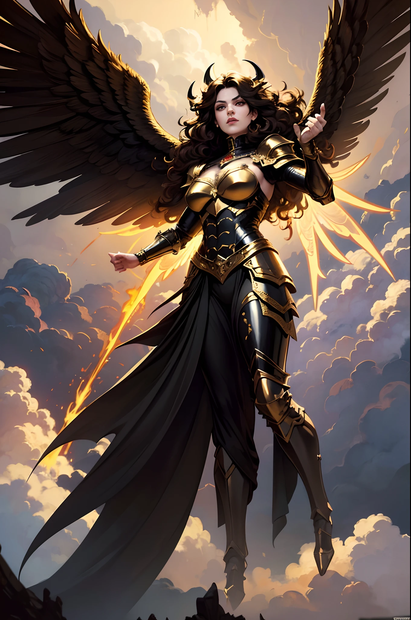 big-haired demon character with golden and white wings, lips in black color, Gothic armor in gasoline color, Novo, Linda, impressionante, bem detalhada, Magnificent, 8k, Angelic Art, sky with clouds, dramatic scene, cabelo alaranjado longo, armadura, manto de cavaleira