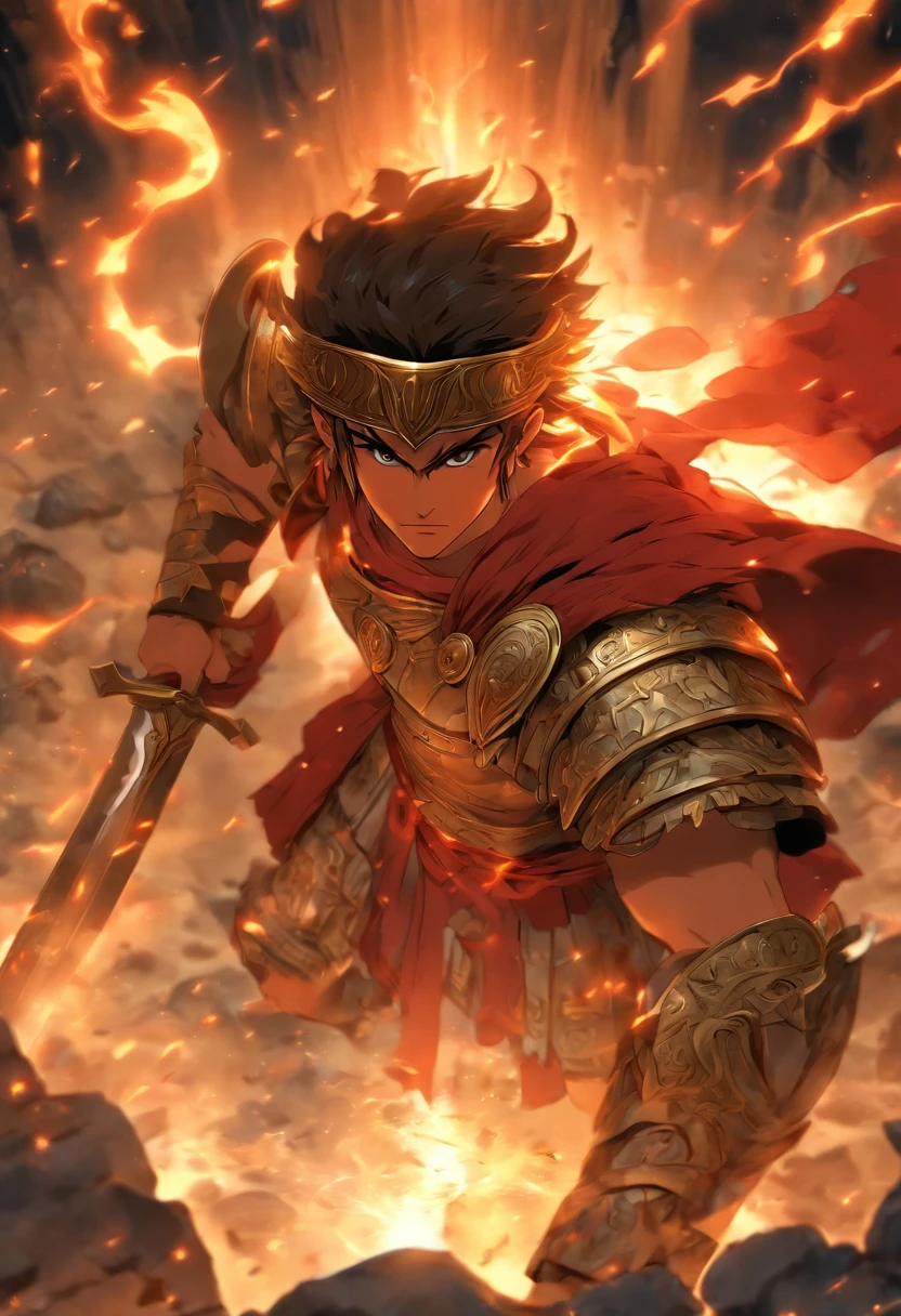 Perseus, Greek hero, cave, warrior, Greece, serious expression, man, sword and shield, soft lighting, Highly detailed background, Perfect masterpiece, high quality, very high resolution