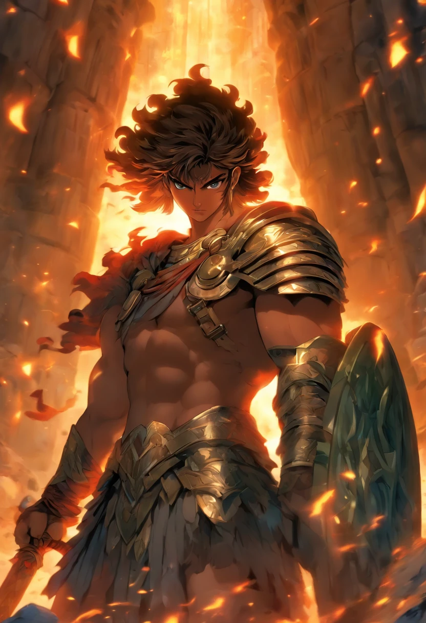 Perseus, Greek hero, cave, warrior, Greece, serious expression, man, sword and shield, soft lighting, Highly detailed background, Perfect masterpiece, high quality, very high resolution