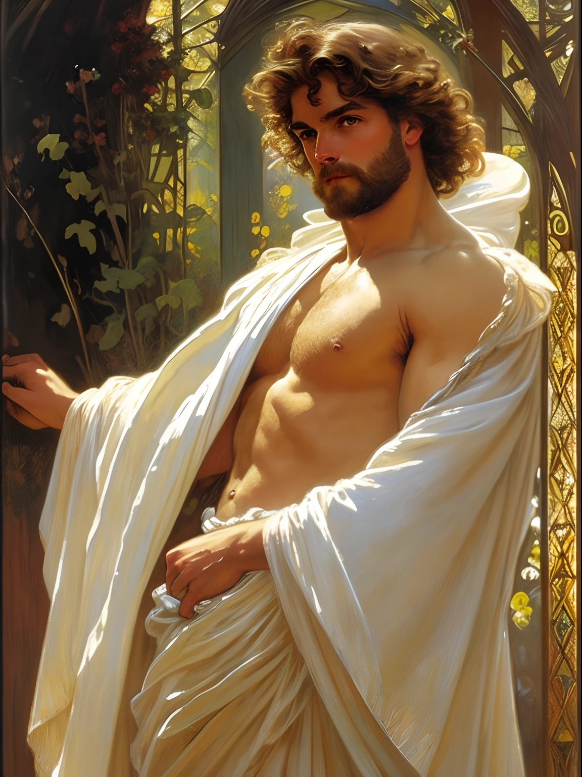 Portrait of a spectacular handsome mighty Zeus unleashing all his powers, digital painting in the style of Robert Liberace, dynamic action poses of stout zeus, god of all gods, greek god, blond hair, male, mature, heavenly handsome, upper body, muscular, hairy torso, fantasy, intricate, elegant, highly detailed, digital painting, art station, concept art, soft, sharp focus, illustration, art by Robert Liberace, Gaston Bussiere and Alphonse Mucha
