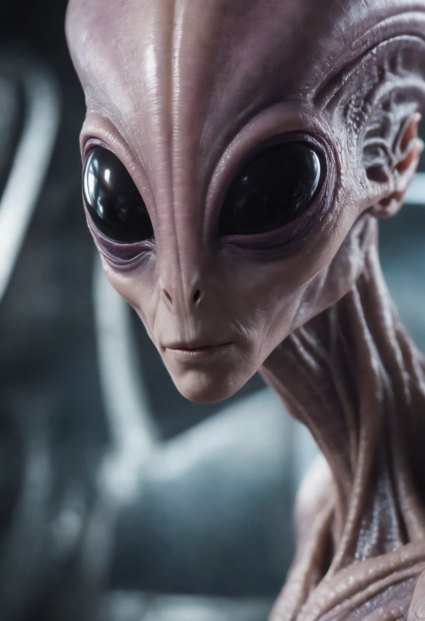 A brown alien with a slightly oval and elongated head, olho, nariz grande, pequeno, Slender body enters a starship wearing a realistic futuristic alien suit, a hyper-detailed alien, pink and purple and alien, alien looking, space alien Ete-Grey , Portrait of a large alien pupil Almond Exotic alien Pink Portrait of a humanoid alien, An alien, alien portrait, Hybrid alien Long-headed affectionate alien, futuristic alien features. ( Detalhes borrados do navio futurista)