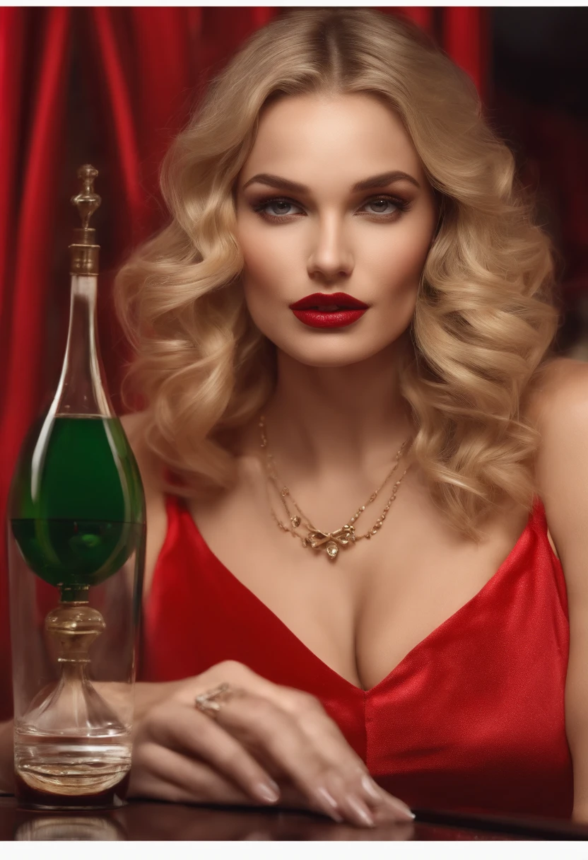 Femme blonde, 25 ans, Tenue courte, Realstic, assis dans un bar, Impatient, Realstic, 4K, Disque dur. Red lips and wearing only a necklace, Ultra detailded, photoreallistic, intagram, regarde le serveur, femme fatale, Detailed body, Detailed hands, 10 doigt, montre au poignet, cheveux long, ne regarde pas l'objectif, vernis rouge au doigt