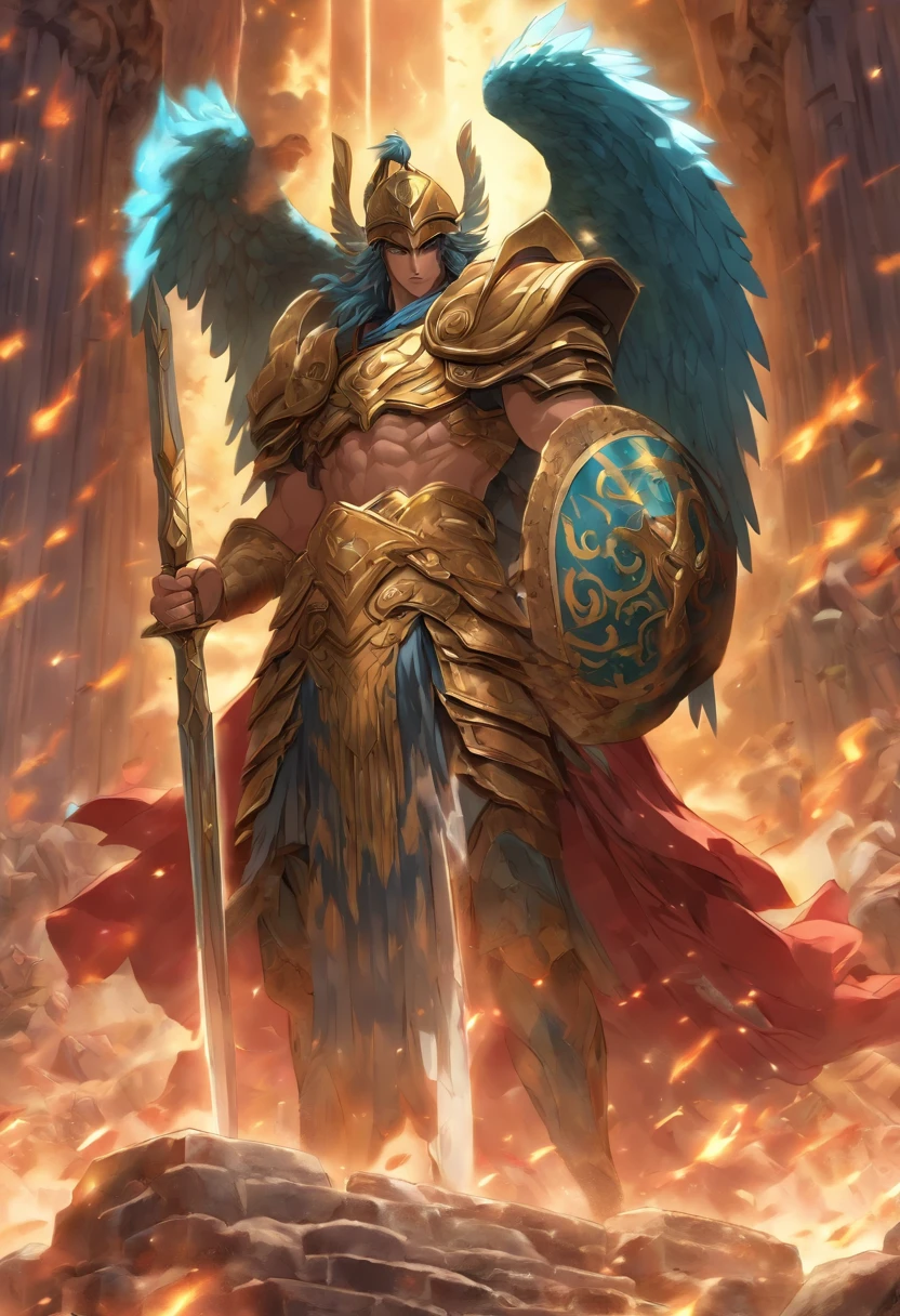 Perseus, Greek hero, cave, warrior, Greece, serious expression, man, sword and shield, Highly detailed background, Perfect masterpiece, high quality, very high resolution