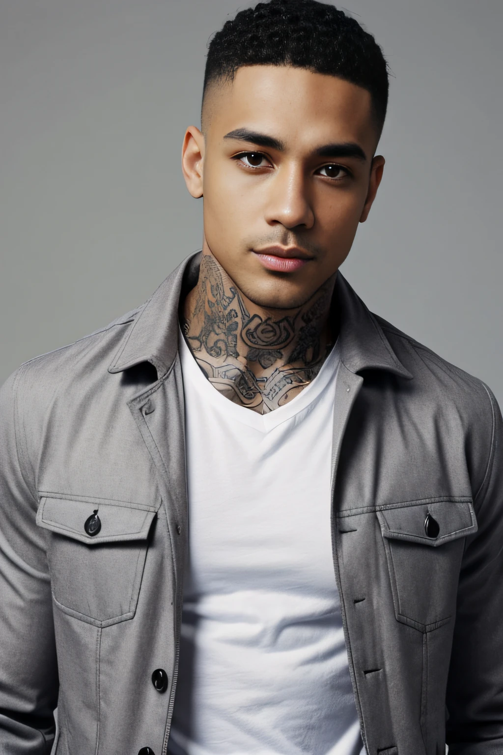 a close up of a man with a shirt on holding a bottle, sexy masculine, male model, shirtless, no shirt under the vest, profile image, by Cosmo Alexander, luis melo, profile pic, muscular body tattooed, with tattoos, handsome male, joel torres, maximus jacobs, prefect body, strong masculine features, neymar jr, shirtless :: high detail