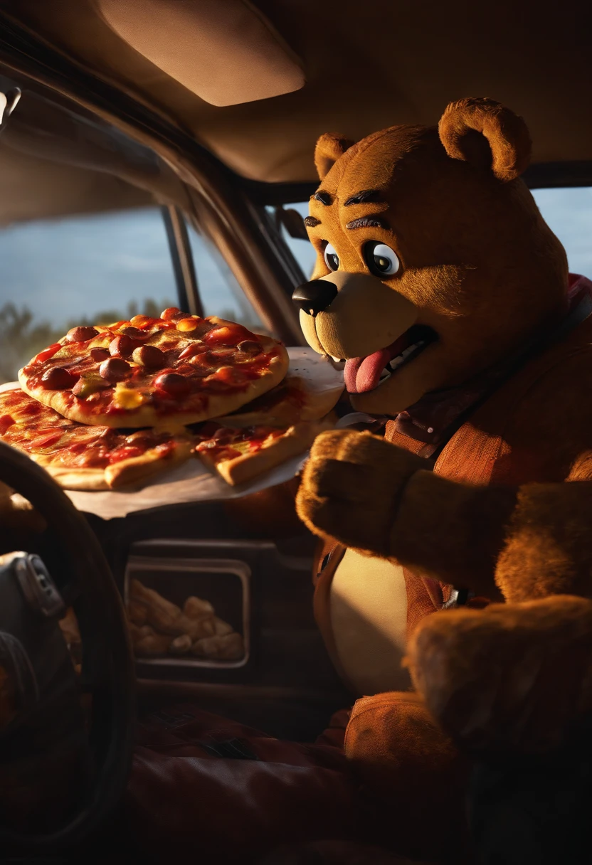 Realistic Freddy fazbear eating pizza while blowing up a car from five nights at freddys