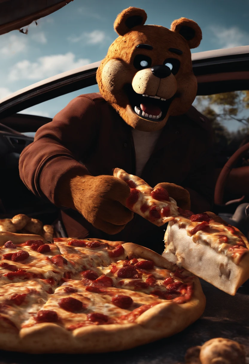 Realistic Freddy fazbear eating pizza while blowing up a car from five nights at freddys