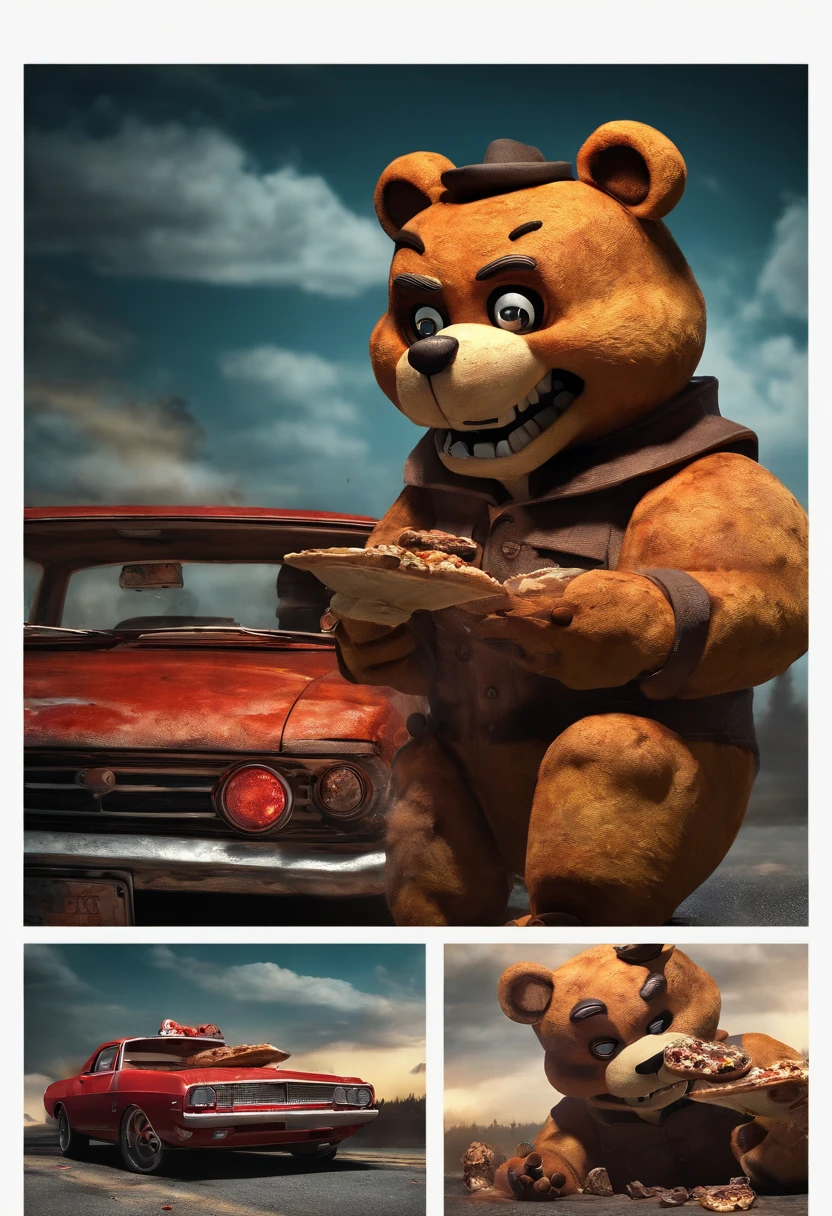 Realistic Freddy fazbear eating pizza while blowing up a car from five nights at freddys