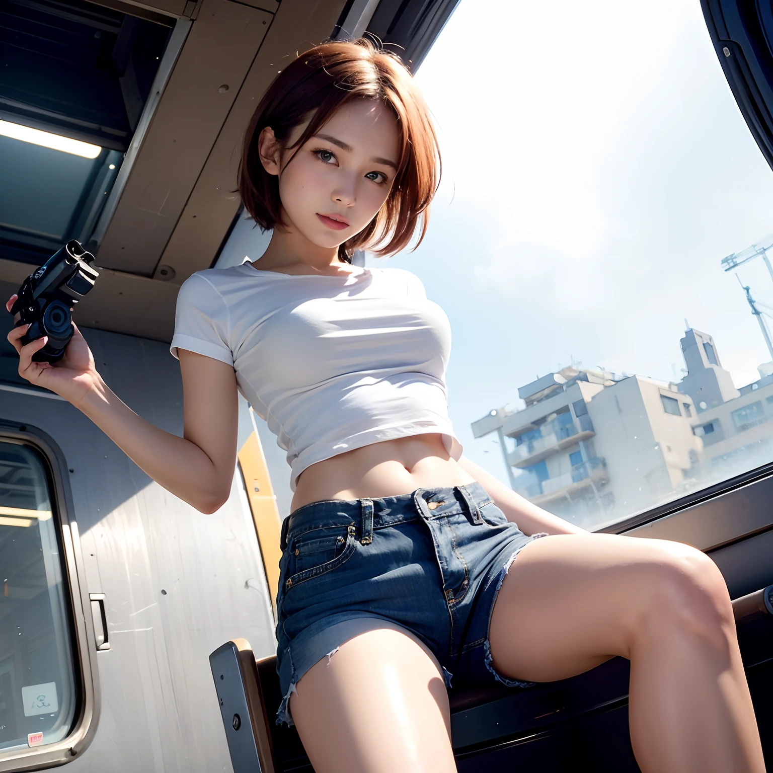 (shoot from below:1.5), Front angle, (from below :1.4), (?????? focus:1.2), (low angle:1.2), top-quality, masterpiece, high-detail,Photonic style,16k picture quality, perfect hand, beautiful a girl, red blush, short-hair, Light brown beautiful hair, plump big breasts, Constricted waist, White short sleeve T-shirt, Denim shorts, Navel Ejection, Sitting in a long seat by the window of a train, View here, Looking at the camera, Bright sunshine, suns,