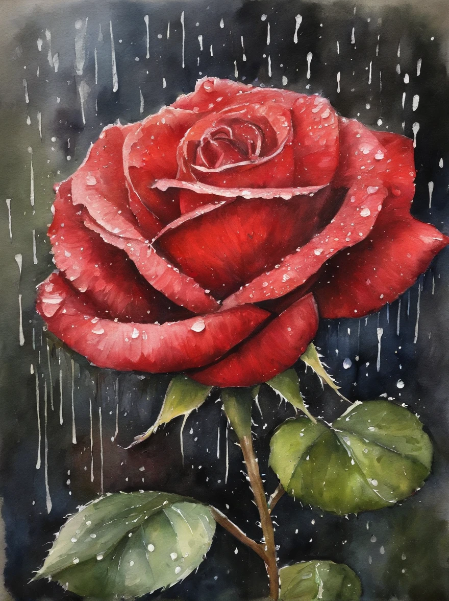 Red rose under the rain, painting.