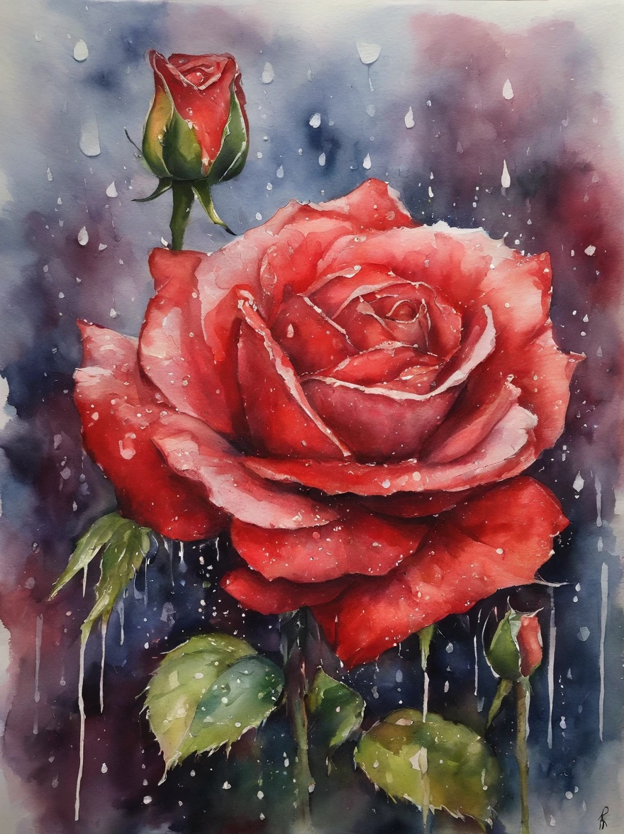 Red rose under the rain, painting.