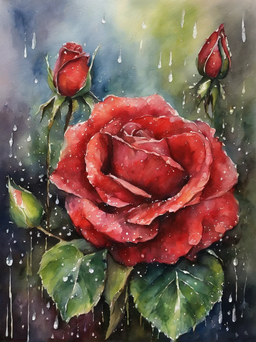 Red rose under the rain, painting.