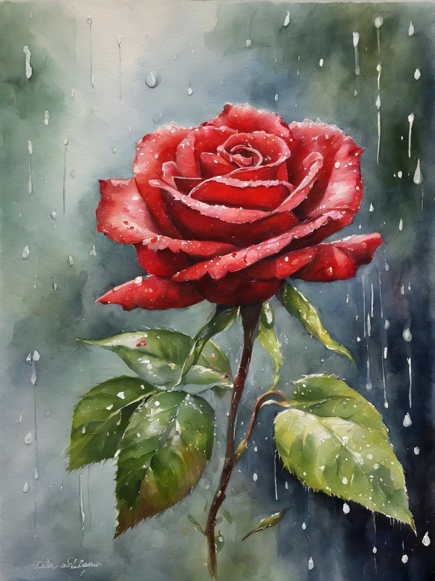 Red rose under the rain, painting.