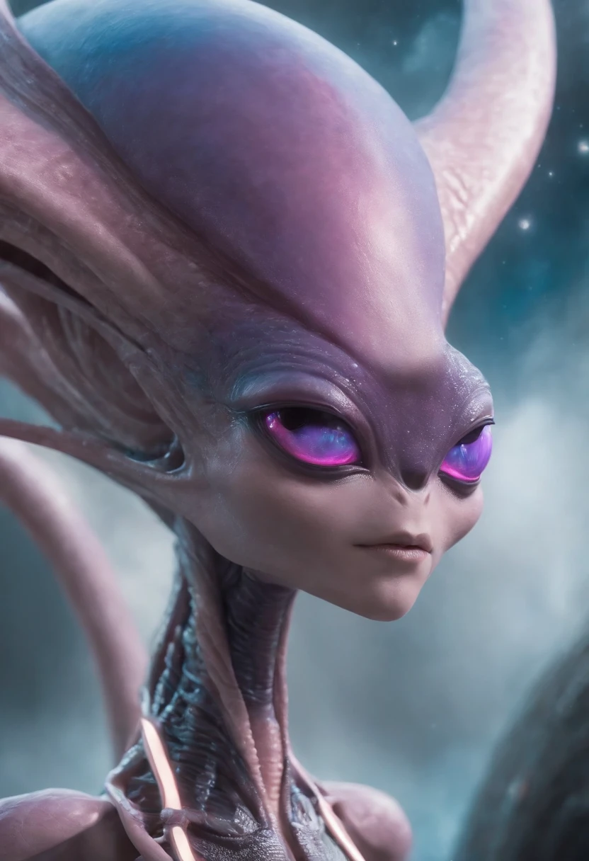 4 aliens, masters of light and technology, one blue, another pink, another purple, one silver, blue with a slightly oval and elongated head;, olho, nariz grande, pequeno, Slender body enters a starship wearing a realistic futuristic alien suit, a hyper-detailed alien, pink and purple and alien, alien looking, space alien Ete-Grey , Portrait of a large alien pupil Almond Exotic alien Pink Portrait of a humanoid alien, An alien, alien portrait, Hybrid alien Long-headed affectionate alien, futuristic alien features. ( Detalhes borrados do navio futurista)