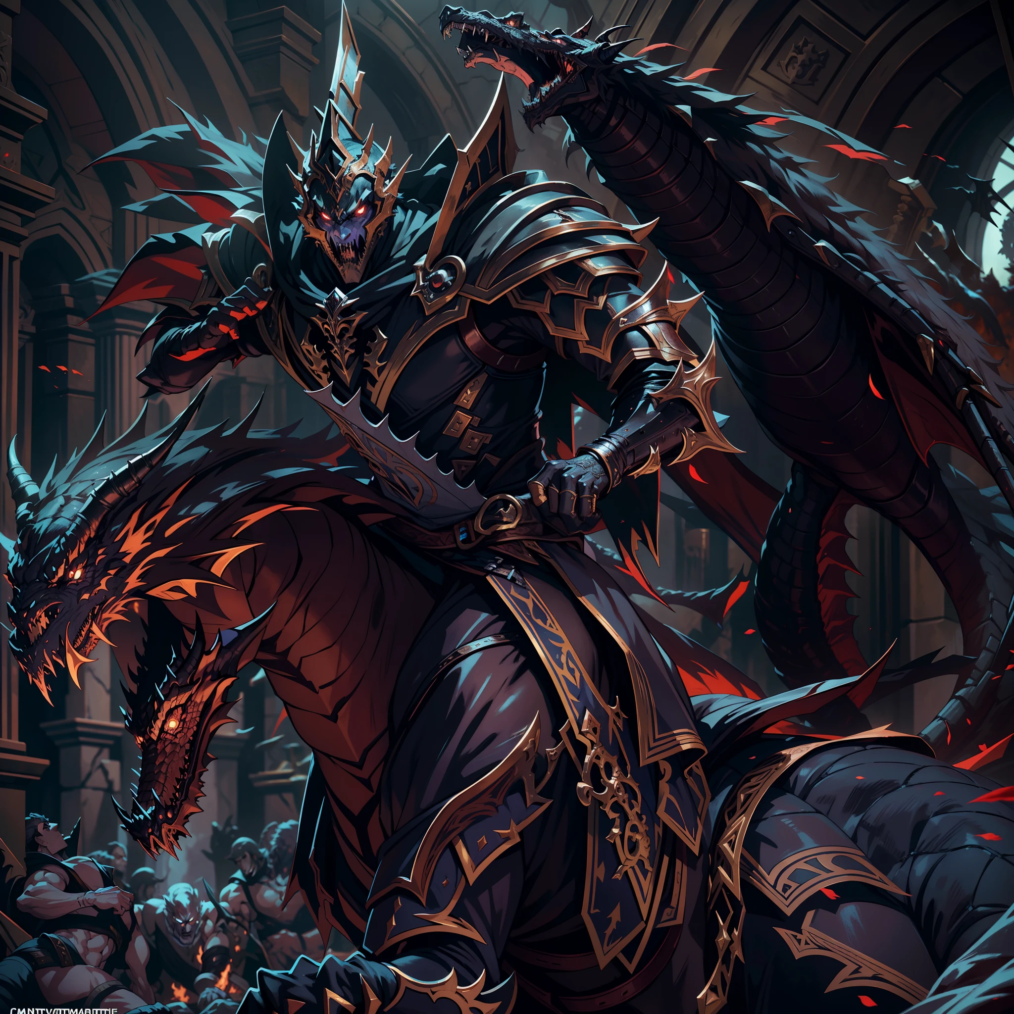 Castlevania Lord of Shadows hyper realistic super detailed Lord Dracula muscular handsome leather warrior Armor riding great legendary dragon evil with demons next to him in battle scene bravely fight the devil and his great legendary army hyper realistic super detailed dynamic shot centerpiece cinematic scenes movie