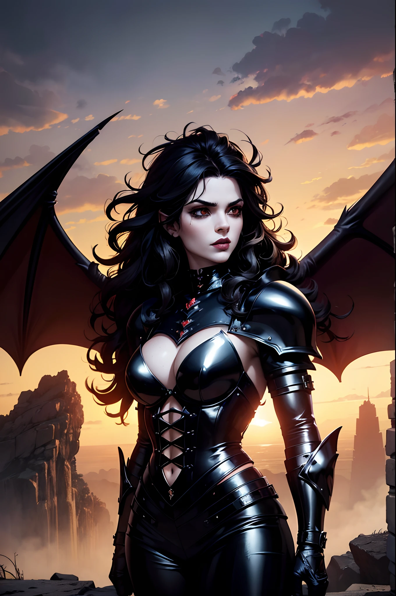 big-haired demon character bat wings, lips in black color, Gothic armor in gasoline color, Novo, Linda, impressionante, bem detalhada, Magnificent, 8k, Angelic Art, sky with clouds, dramatic scene, cabelo alaranjado longo, armadura, manto de cavaleira