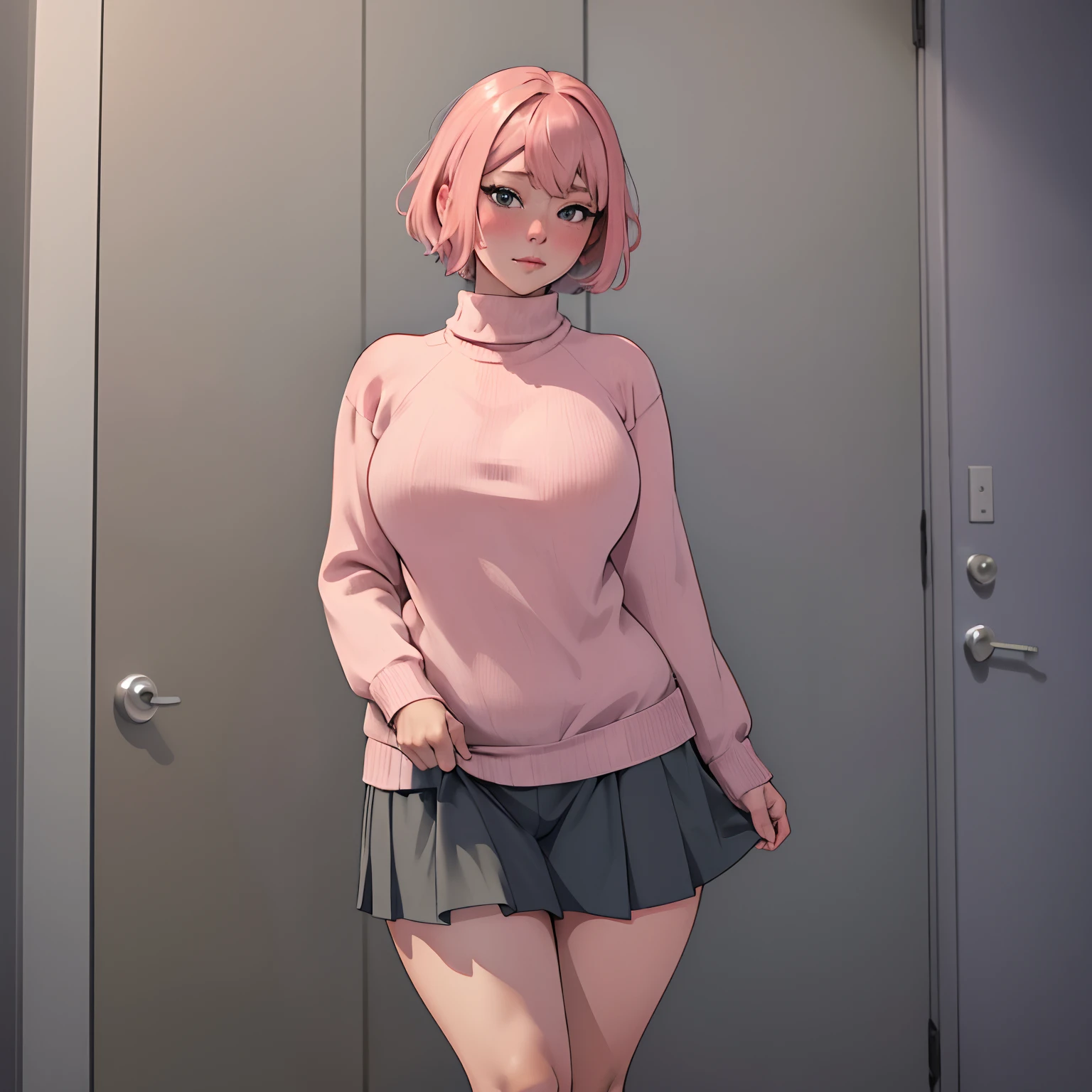 (masterpiece, best quality), 1girl, pink hair, short hair, bangs, slim, (wide hips, thick thighs), looking at viewer, Blushing, (sweater, skirt), (masterpiece), (best quality:1.2), absurdres, intricate details, have to pee, peeing self