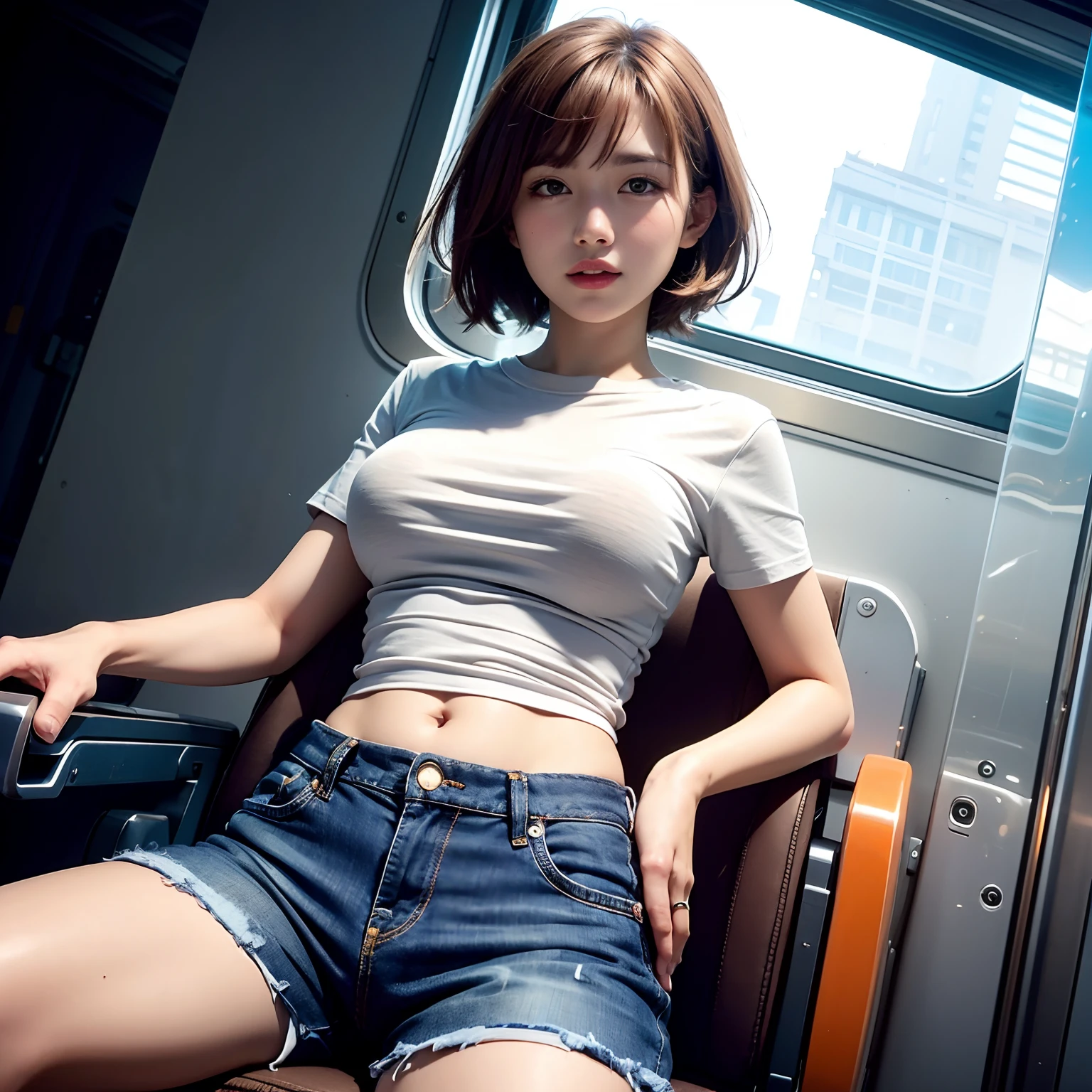 (shoot from below:1.5), Front angle, (from below :1.4), (crotch focus:1.2), (low angle:1.2), top-quality, masterpiece, high-detail,Photonic style,16k picture quality, perfect hand, beautiful a girl, red blush, short-hair, Light brown beautiful hair, plump big breasts, Constricted waist, White short sleeve T-shirt, Denim shorts, Navel Ejection, Sitting in a long seat by the window of a train, View here, Looking at the camera, Bright sunshine, suns,