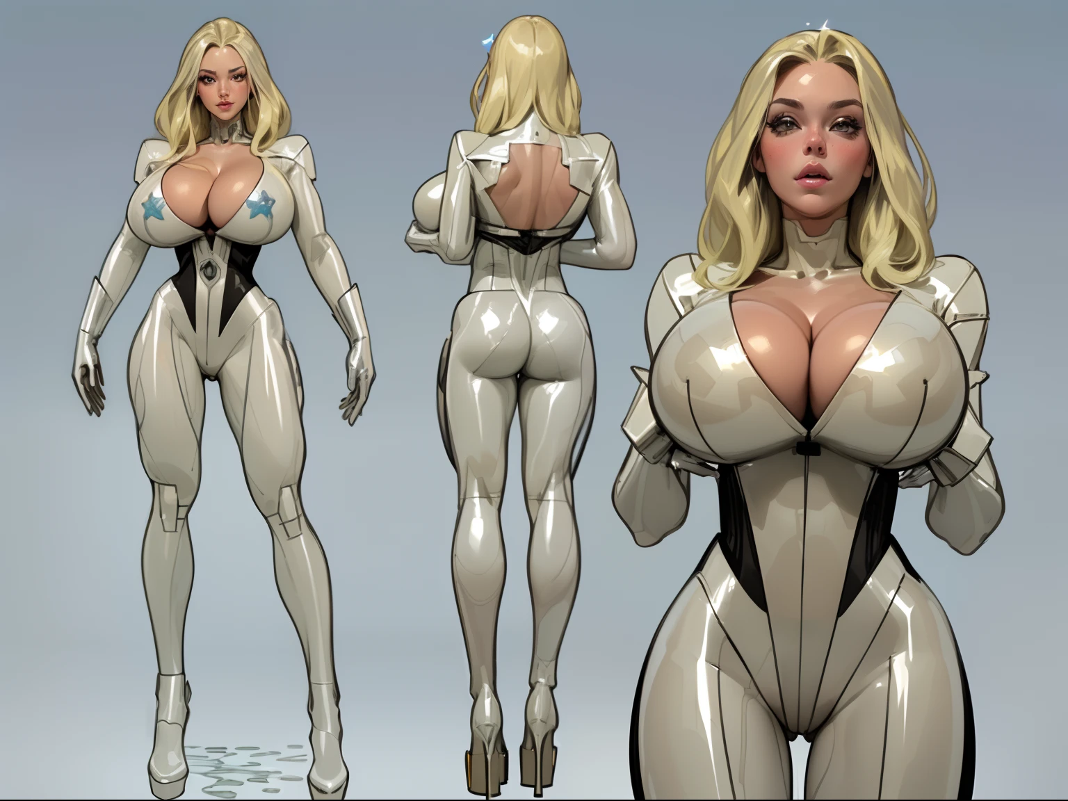 ((masterpiece)),(((best quality))),((character design sheet)), ((full body view)) illustration,1girl, Sexy busty bimbo, ((silver latex bodysuit:1.5)), superhero, (blonde stylish hai:1.4), ((detailed face:1.4)) silver boots, (puffy lips:1.3), ((enormous fake biggest breasts :1.8, cleavage:1.5)), pose, 8k,16k, (simple background, white background: 1.3)((glittering suit:1.6))