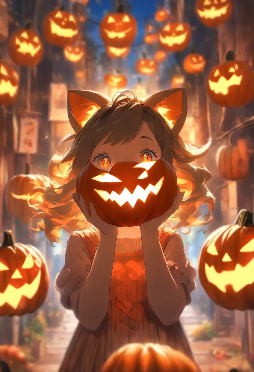 a girl holding a pumpkin in front of her face, anime art wallpaper 8 k, anime art wallpaper 4 k, anime art wallpaper 4k, anime style 4 k, 4k anime wallpaper, anime wallpaper 4 k, anime wallpaper 4k, 4 k manga wallpaper, cute anime catgirl, beautiful anime catgirl, anime girl with cat ears