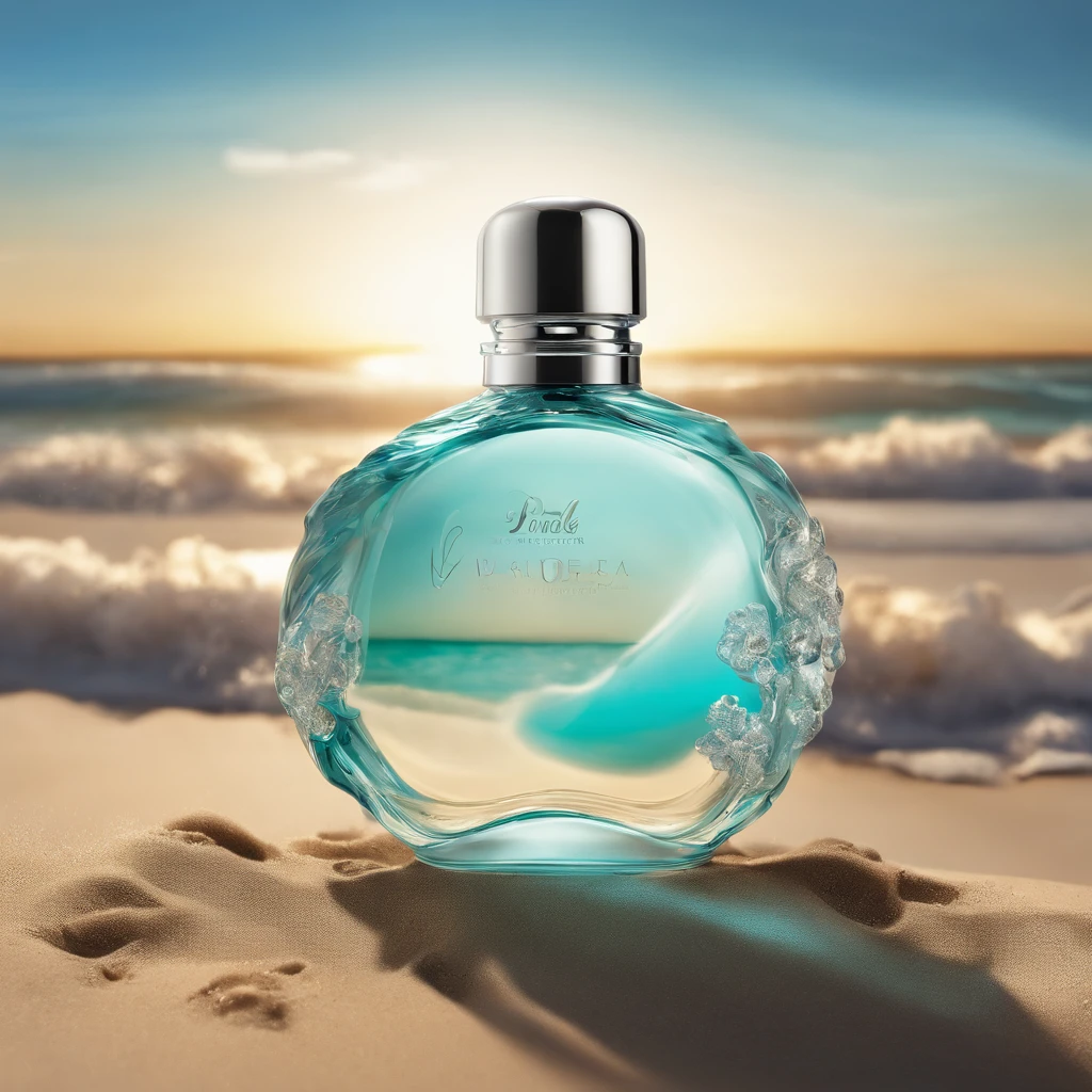 um frasco de perfume transparente, frasco de vidro moderno, blue liquid, Young inspiration, mulheres de biquini, Design com angulos retos retos e pontas arredondadas, levemente enfiado na areia de uma praia linda, Paradisiacal beach, por do sol, Transparency for water, Thick glass refractions, caustic projected in the sand, Caribe, surfar