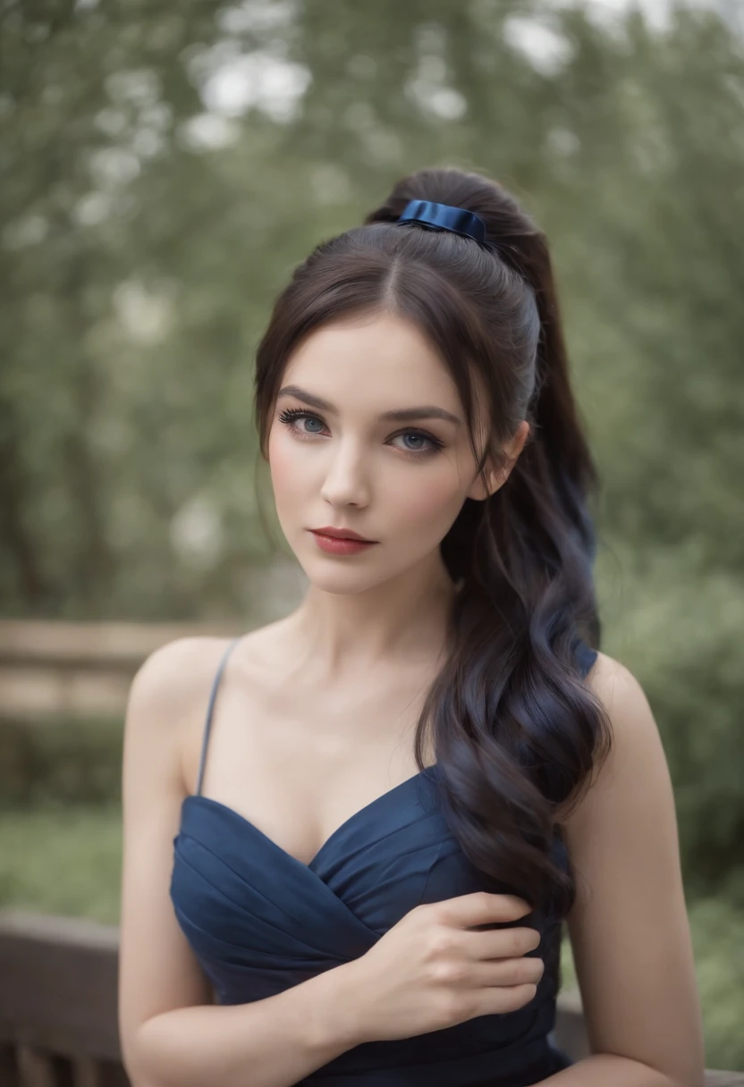 fair complexion, woman in her mid 20s, long hair, dyed dark blue hair, hair pulled into low twist ponytail, hair tied with black satin bow, blue eyes, modern setting, dark academia style clothing, serious expression, large breasts, beautiful, lithe