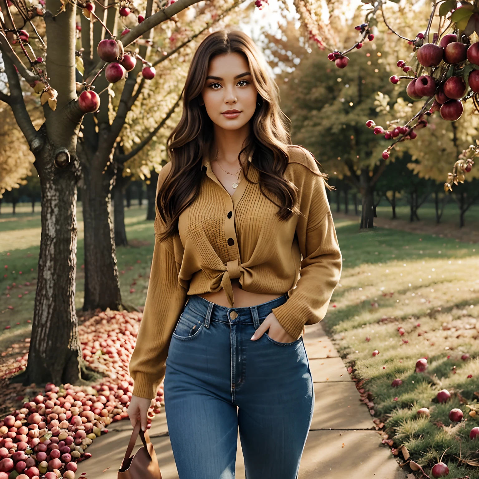 Generate full-body photography of Autumn, the stunning brunette influencer, capturing the essence of a crisp autumn day as she enjoys an apple-picking adventure. Autumn should appear in her mid-20s, standing approximately 5'4" tall, with long, wavy chestnut hair that falls gracefully on her shoulders. She has an athletic hourglass figure accentuated by her full bust. Her complexion should be flawless, with a warm, sun-kissed tan. Autumn's expressive brown eyes should radiate charisma, and she should have a relaxed and confident demeanor.[Clothing Description] Autumn should be dressed in a cozy yet stylish fall outfit that complements the season. She wears a snug-fitting white crop top that showcases her midriff, paired with high-waisted, form-fitting jeans in a deep, earthy brown hue. A light, oversized flannel shirt in warm autumn colors should be tied around her waist, ready to layer on if needed. Completing her look, Autumn wears comfortable brown leather ankle boots suitable for walking through the orchard.[Surroundings Description] The photoshoot should be set in a picturesque apple orchard during the fall season. The surroundings should be adorned with apple trees heavy with ripe fruit and a colorful carpet of fallen leaves. Natural sunlight filters through the trees, casting a warm, golden glow on Autumn and the apples. The atmosphere should evoke the coziness of autumn, with the scent of ripe apples in the air. Capture Autumn in a series of candid and joyful poses as she picks apples from the trees and interacts with the orchard's natural beauty. She can be reaching up to pluck apples from the branches, holding a basket filled with freshly picked apples, and sharing authentic smiles that reflect the simple pleasures of the season.The photography should aim for a photorealistic representation, utilizing path tracing, specular lighting, volumetric face light, path-traced hair, and visible shadows to create an intricate, elaborate, and hyper-realistic