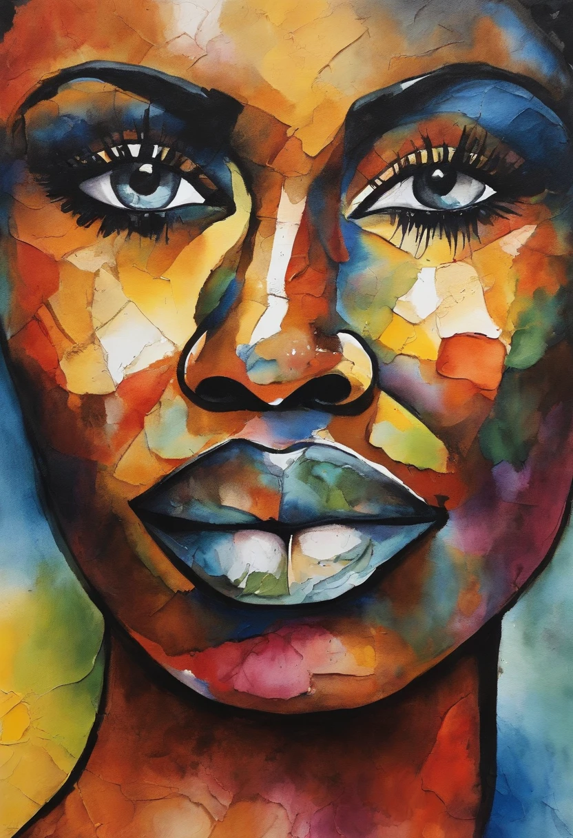 Makeup of a black woman, AfrO-Brazilian ethnic race, with a colored background, visage abstrait, Portrait abstrait, stylized face, Peinture Pop Art, Very expressive detailed face, expressive female face, Inspired by Picasso, Une peinture pop art, Belle peinture expressive, DETAILED FACE OF A WOMAN OF AN AFRO-BRAZILIAN CASTE, detailed expression, Picasso Style, Style cubisme.