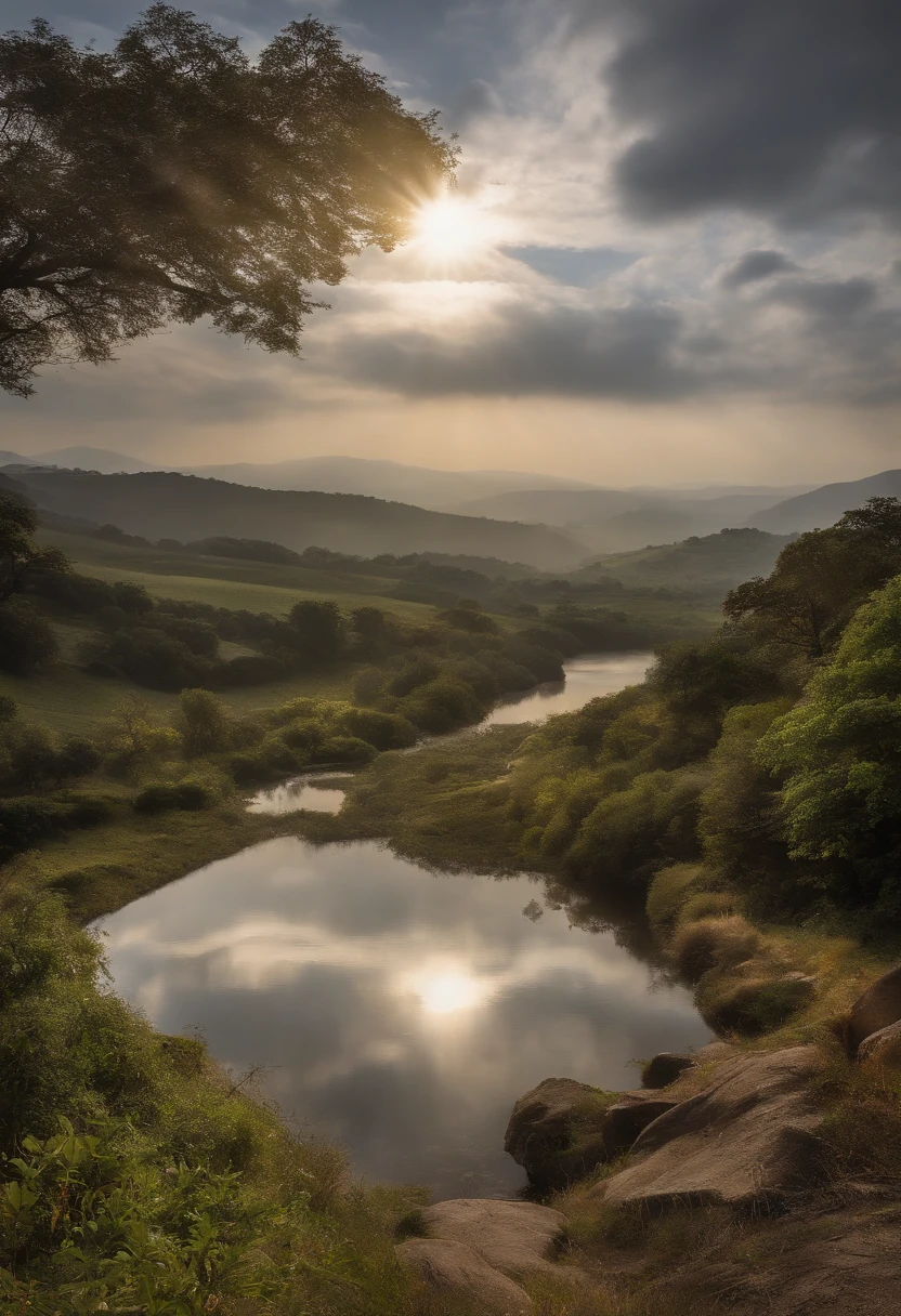 a panoramic view, luz dourada quente, A godly person raised his hand in prayer, Angel descending from heaven with a radiant aura, Peaceful countryside at sunset, 4k, NFFSW, -AR 2.35:1, The sun's rays through the clouds, Foco suave, wind gently swaying tall grass, Colinas ondulantes ao longe com uma antiga capela de pedra, Pomba voando com luz rasteira, O brilho da energia divina em torno dos anjos, Fluttering lobes and feathers on the wings, A look of reverence and gratitude to those who pray, A sparkling river reflecting the color of the sky, uma humilde cruz de madeira nas proximidades, An atmosphere of peace and miraculous existence, Cores brilhantes com brilho sonhador, Ethereal notes floating in the air, Timeless sense and spiritual connection, A series of blessings gently poured out from on high, Turn the pages in the breeze and open the Bible, On-screen text overlay with scripture quotations, Humor comovente e comovente, Images based on religion or belief.