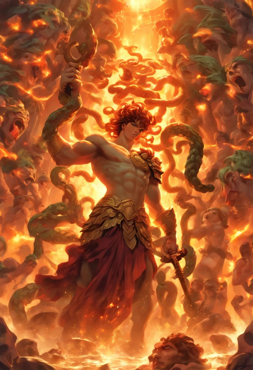 ((( The Scene is Perseus holding the head of the decapitated Medusa)))Perseus, Greek hero, cave, Medusa, decapitated head, (((decapitation))), man, sword and shield, Highly detailed background, Perfect masterpiece , high quality, very high resolution