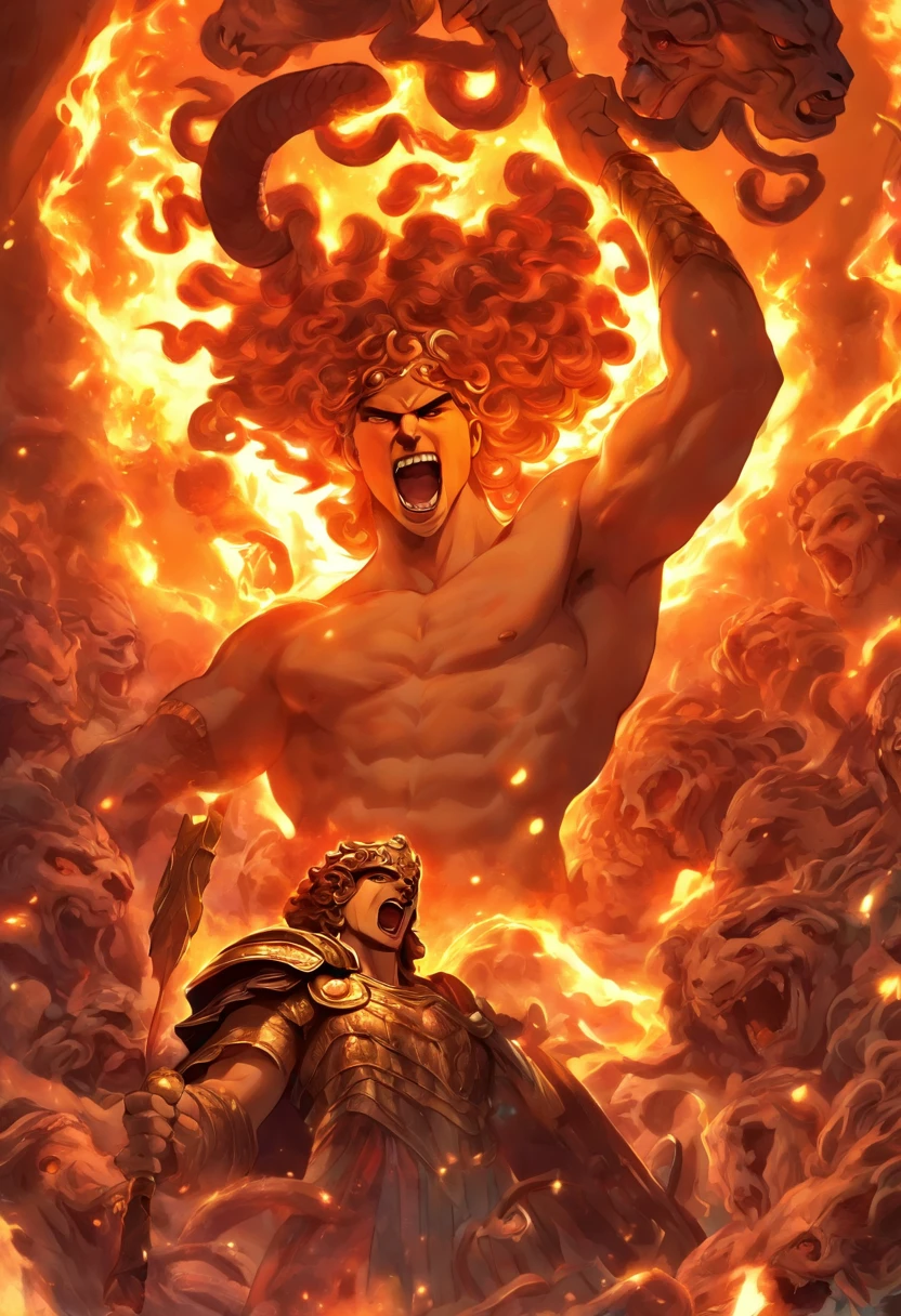 ((( The Scene is Perseus holding the head of the decapitated Medusa)))Perseus, Greek hero, cave, Medusa, decapitated head, (((decapitation))), man, sword and shield, Highly detailed background, Perfect masterpiece , high quality, very high resolution