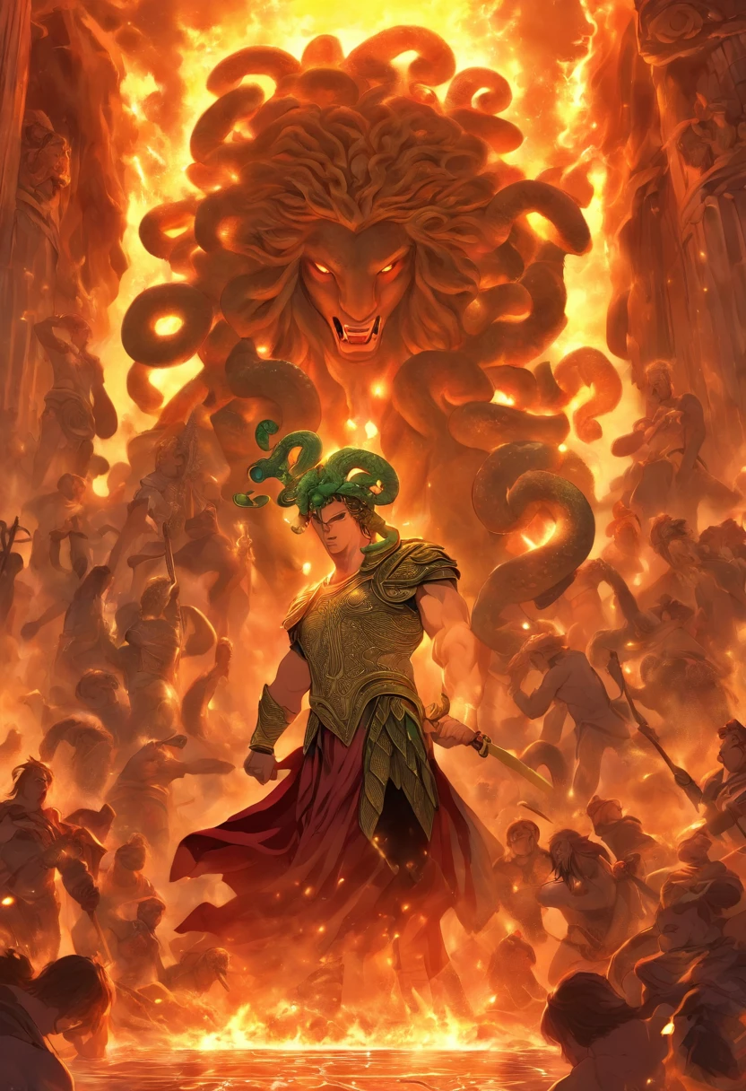 ((( The Scene is Perseus holding the head of the decapitated Medusa)))Perseus, Greek hero, cave, Medusa, decapitated head, (((decapitation))), man, sword and shield, Highly detailed background, Perfect masterpiece , high quality, very high resolution