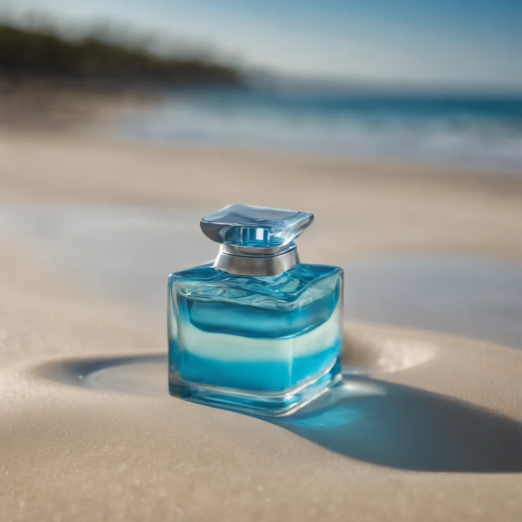 um frasco de perfume transparente, frasco de vidro moderno, blue liquid, Young inspiration, mulheres de biquini, Design com angulos retos retos e pontas arredondadas, levemente enfiado na areia de uma praia linda, Paradisiacal beach, por do sol, Transparency for water, Thick glass refractions, caustic projected in the sand, Caribe, surfar