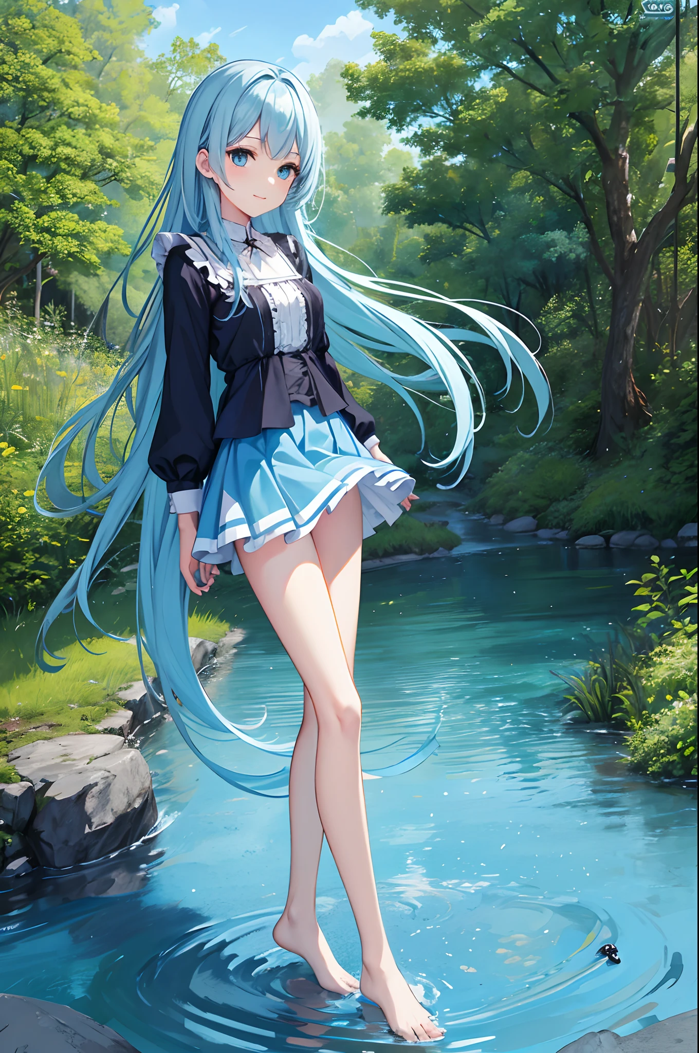 In the creek, bank, blue-sky, baiyun, one girls, A charming smile、 Wear a white tulle skirt, Bare legged, soak legs in water, (long legged:1.4), fluffy hair, Blue color hair, Long hair, Twin-tailed、aqua eyes, reflective light, Motion Blur, depth of fields, the panorama, nffsw, masutepiece, high details, Best Quality