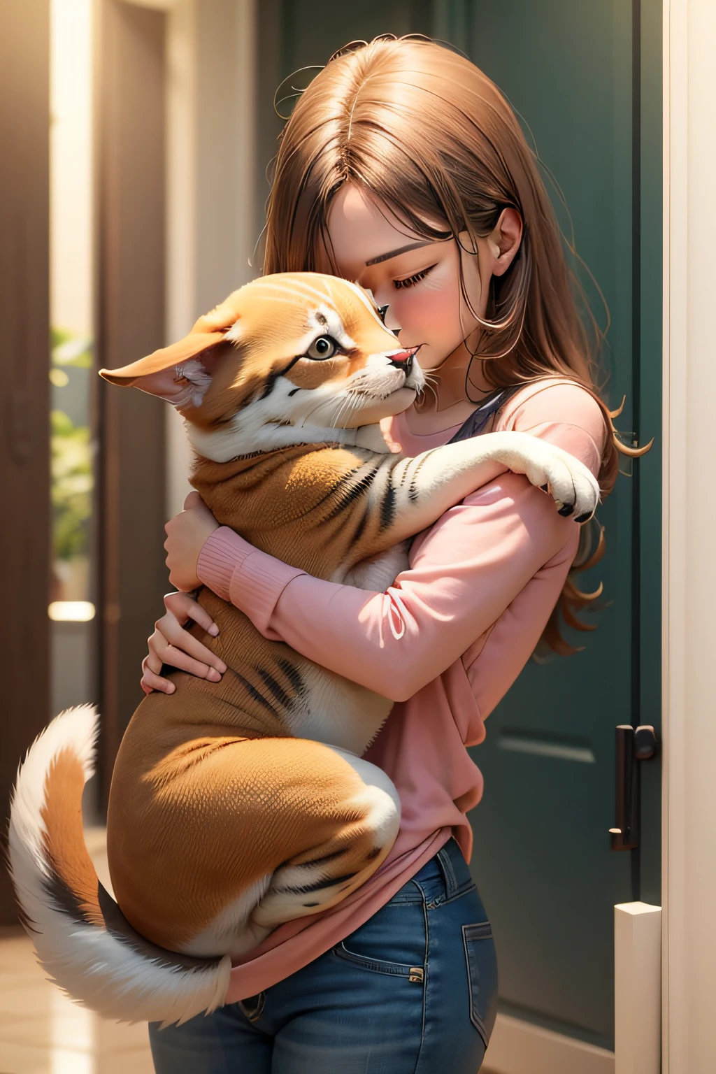 Capture a tender moment of interaction between a pet and its owner, like a hug, um carinho ou um momento de brincadeira.