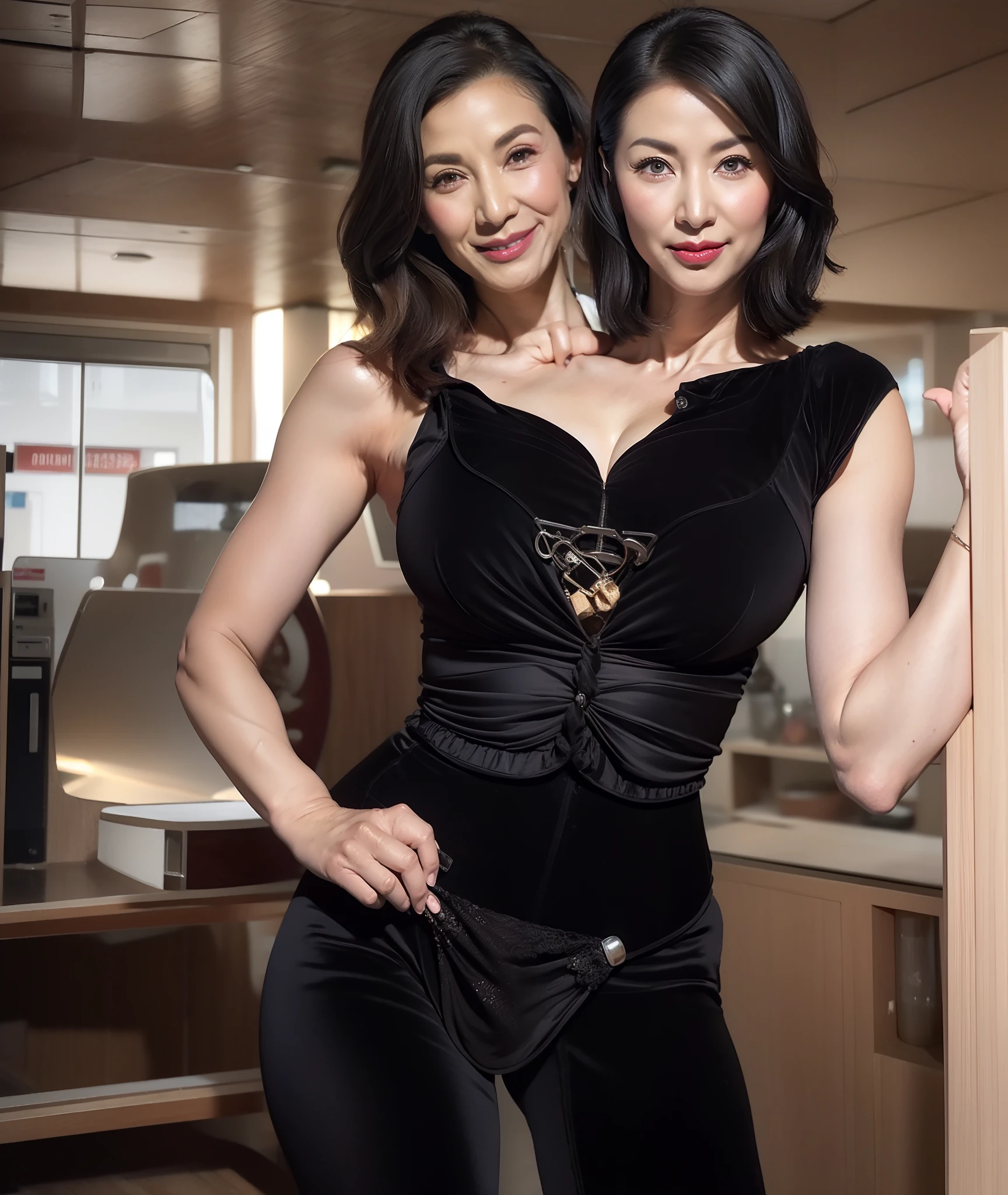 intaglio, from the chest up, wrinkles, mast, Best Quality, Ultra-detailed, Photorealistic, super detailed skin, Perfect Anatomy, (1 Japan mature woman), (Solo), 75 years old, Big breasts, Mature Female Politician, carismatic, A sexy, Chromo-white skin, view the viewer, Middle-aged woman,(No cleavage),upper limbs, makeup, (lip stick: 1.1), (eye line: 1.2), mascara, eyeshadows, Wavy Hair, Room, Outdoors, earrings, Necklace, see-through shiny sleeveless dress, Black pantyhose, Wrinkles at the corners of the eyes, Wrinkles in the mouth, Sitting in a coffee shop,