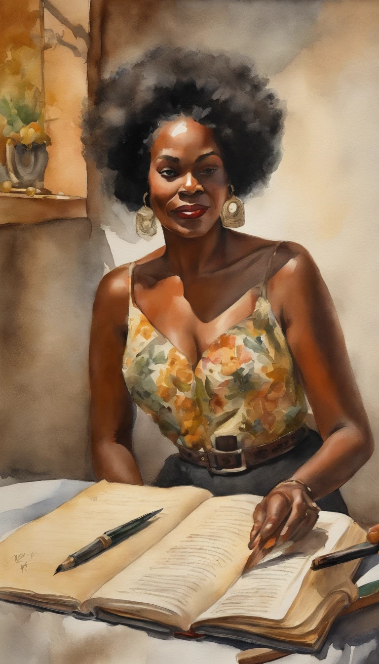 Mulher vintage negra bonita, Cottagecore, writing in journal, cena detalhada, boa luz, ((Realistic)), ((estilo Cottagecore)), (melhor qualidade, tmasterpiece), ((etiqueta))