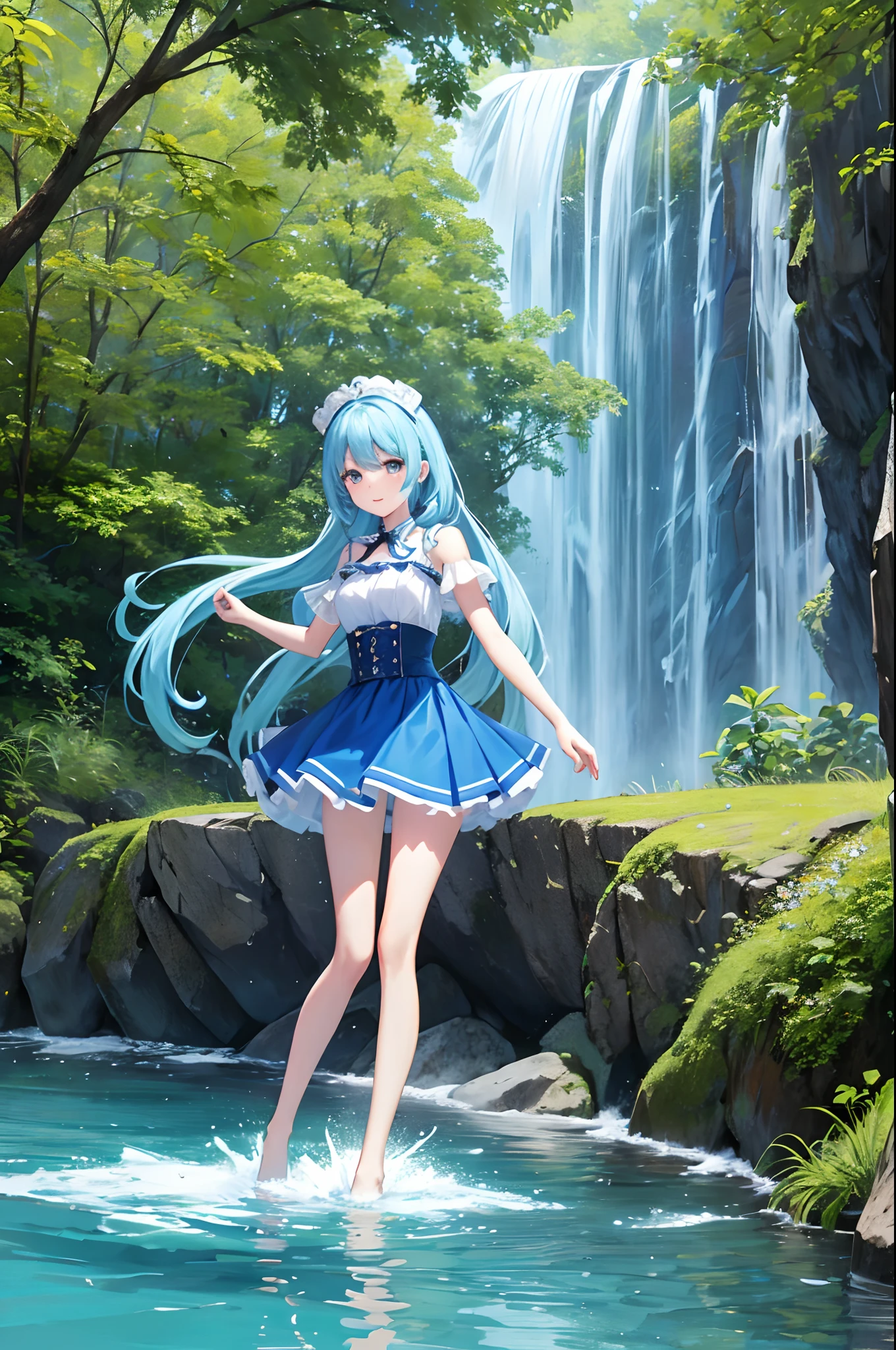 In the creek, bank, blue-sky, baiyun, one girls, A charming smile、 Wear a white tulle skirt, Bare legged, soak legs in water, (long legged:1.4), fluffy hair, Blue color hair, Long hair, Twin-tailed、aqua eyes, reflective light, Motion Blur, depth of fields, the panorama, nffsw, masutepiece, high details, Best Quality