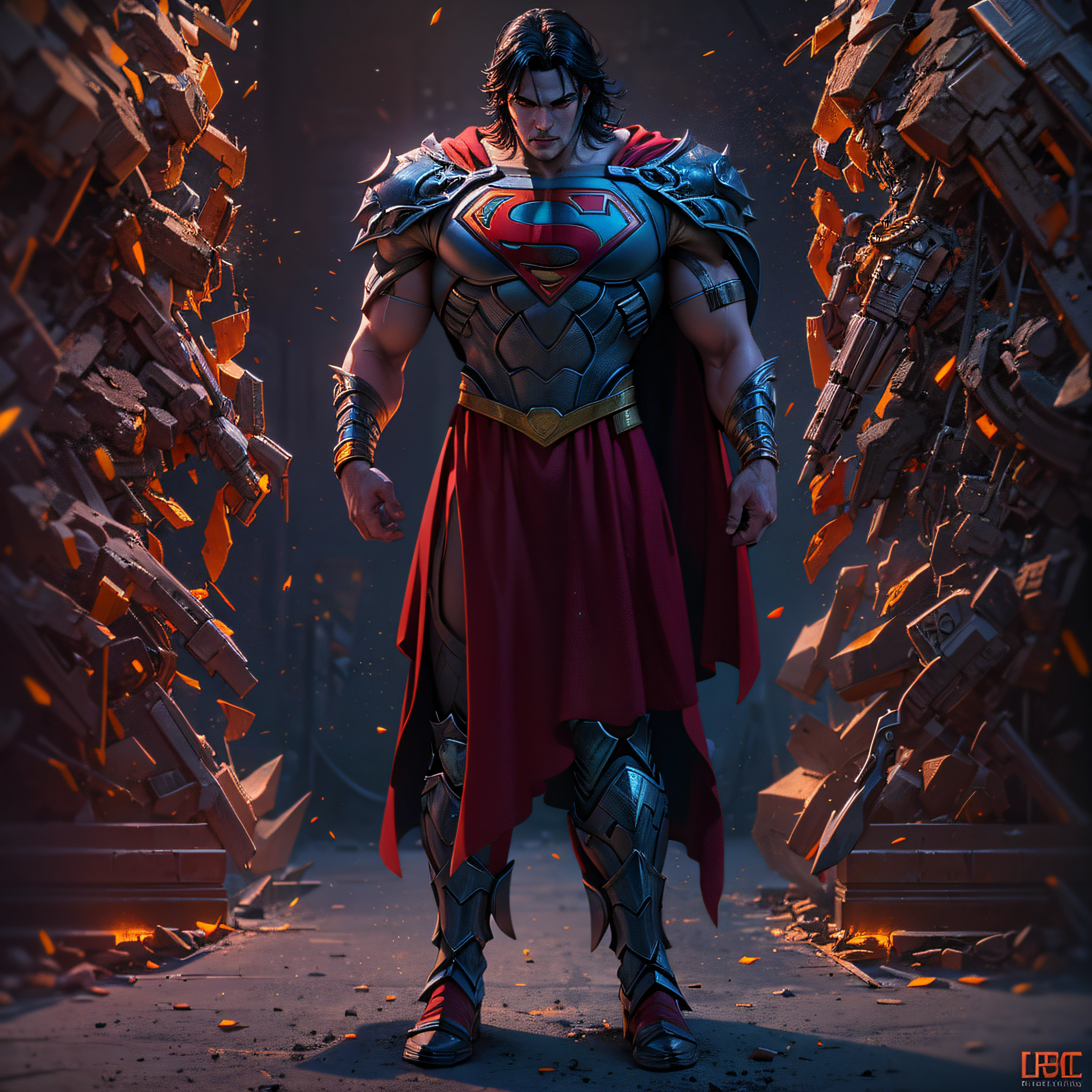 Gladiator fighter Superman with red eyes. tattered red cape. intricate, hypermaximalist, elegant, hyper realistic, epic high details,full details,high resolution,dynamic slightblue lighting,rendering,realism,Photo-realistic, ultra realistic, octane render, unreal engine, hyper detailed, volumetric lighting, 8k reality, cinematic