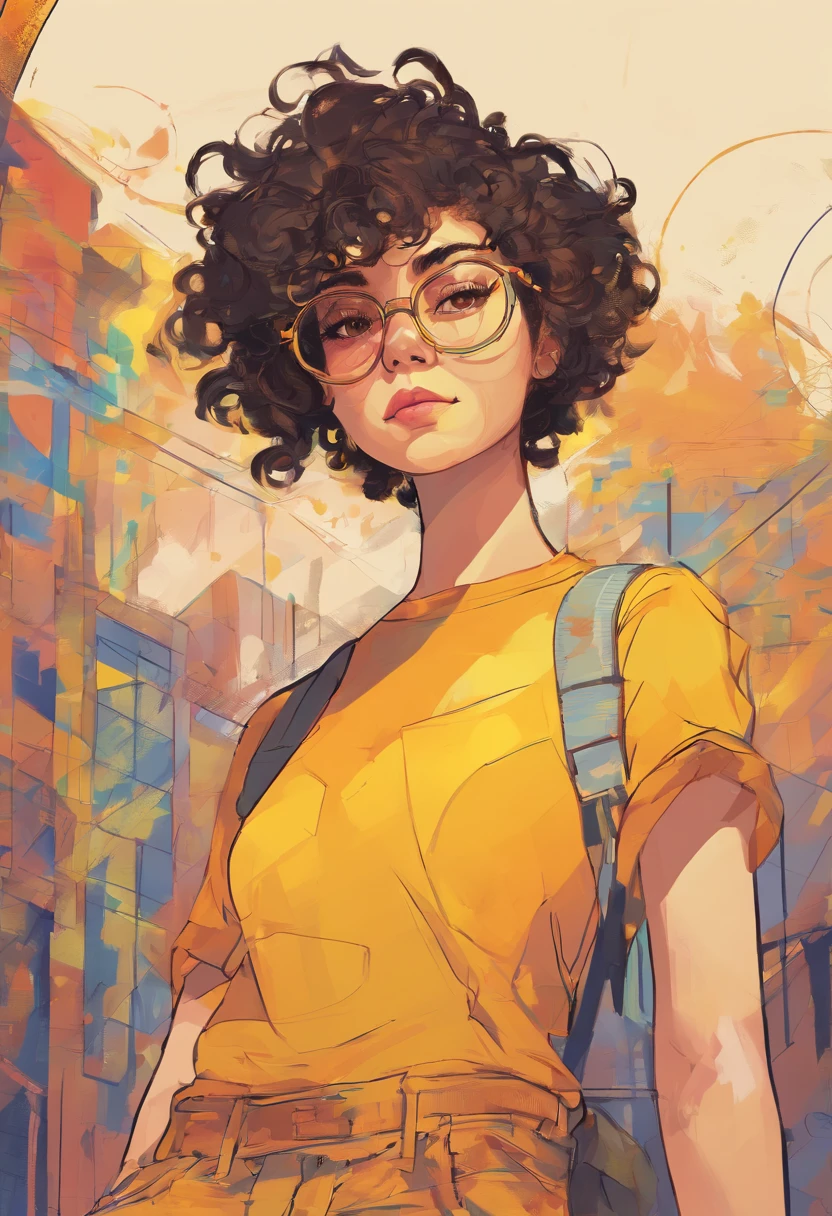 teen girl 20 year old, short curly hair, round glasses, colorfull yellow background