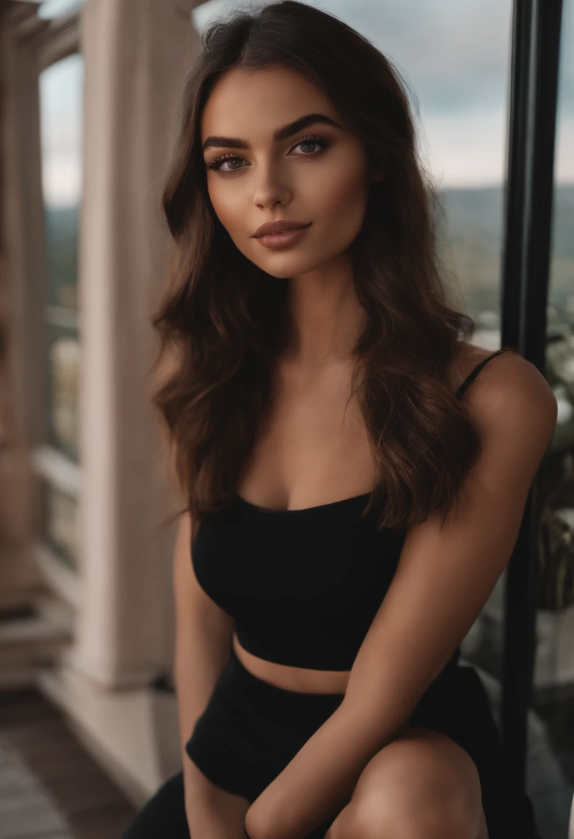 Arafed woman with stylish black clothes, fille sexy aux yeux bruns, Portrait Sophie Mudd, cheveux bruns et grands yeux, selfie of a young woman, Yeux de chambre, Violet Myers, sans maquillage, maquillage naturel, looking straight at camera, Visage avec Artgram, Maquillage subtil, Superbe photo du corps entier, on a balcony with mountains behind her, clivage